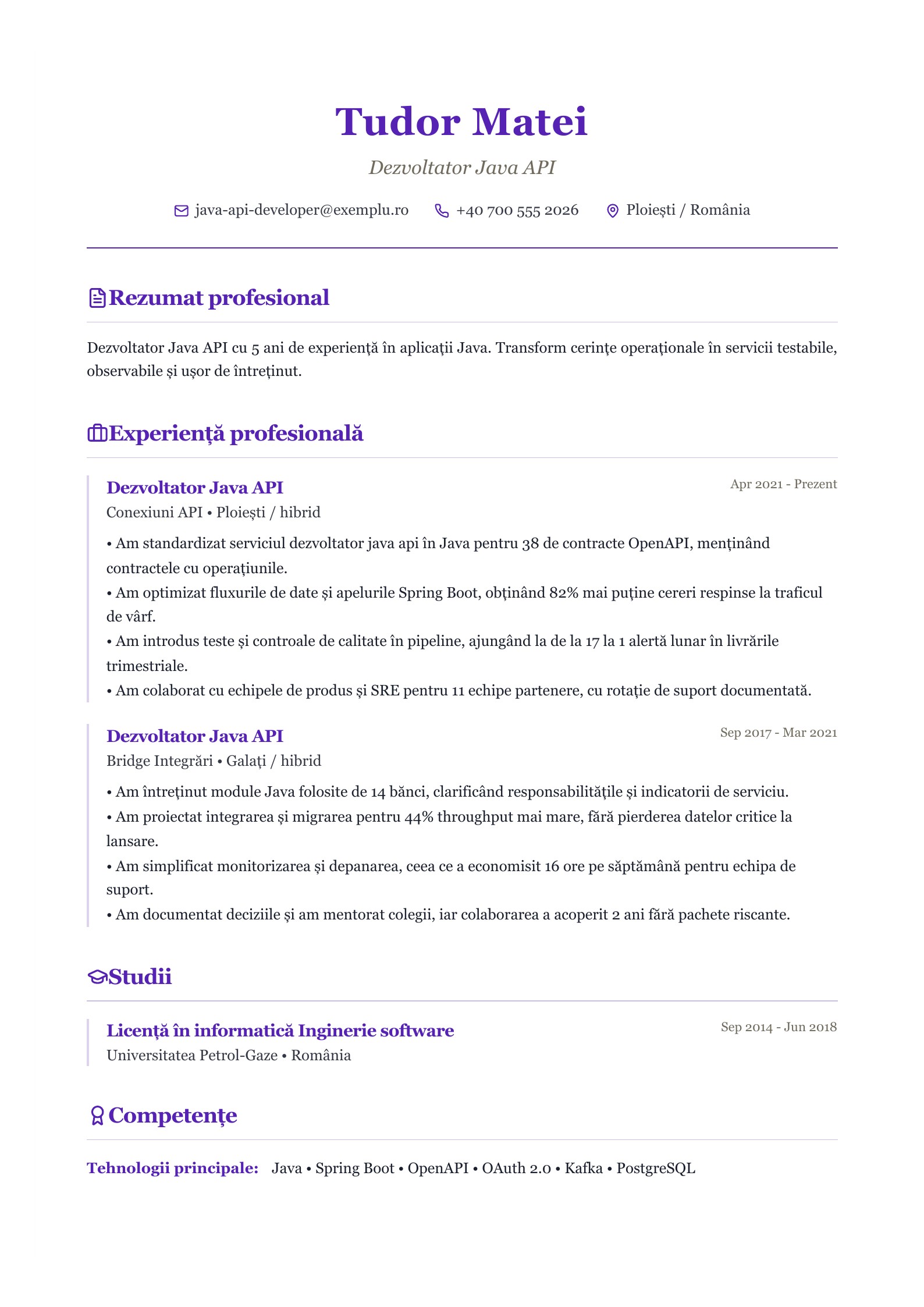 Dezvoltator Java API - exemplu de CV - exemplu românesc