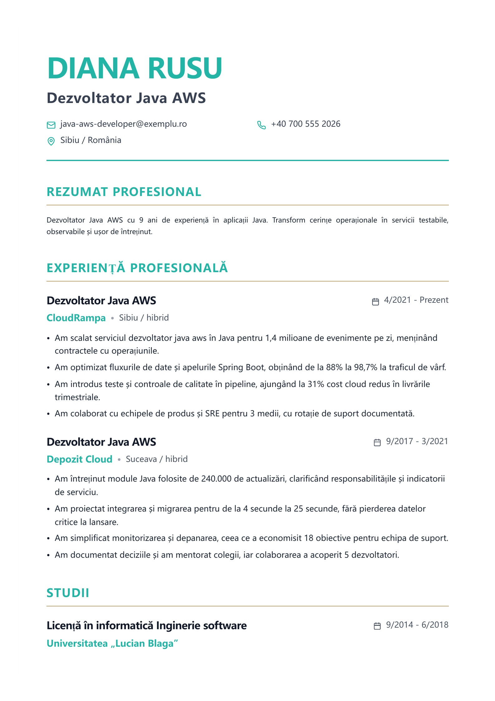 Dezvoltator Java AWS - exemplu de CV - exemplu românesc
