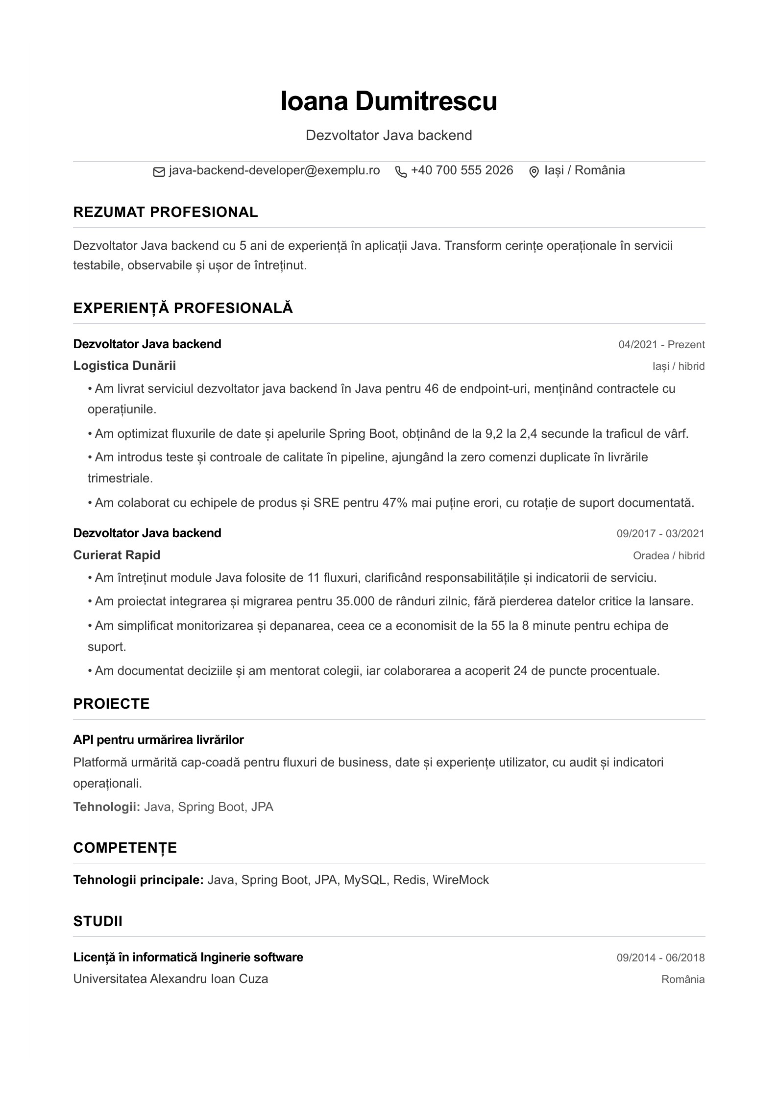Dezvoltator Java backend - exemplu de CV - exemplu românesc