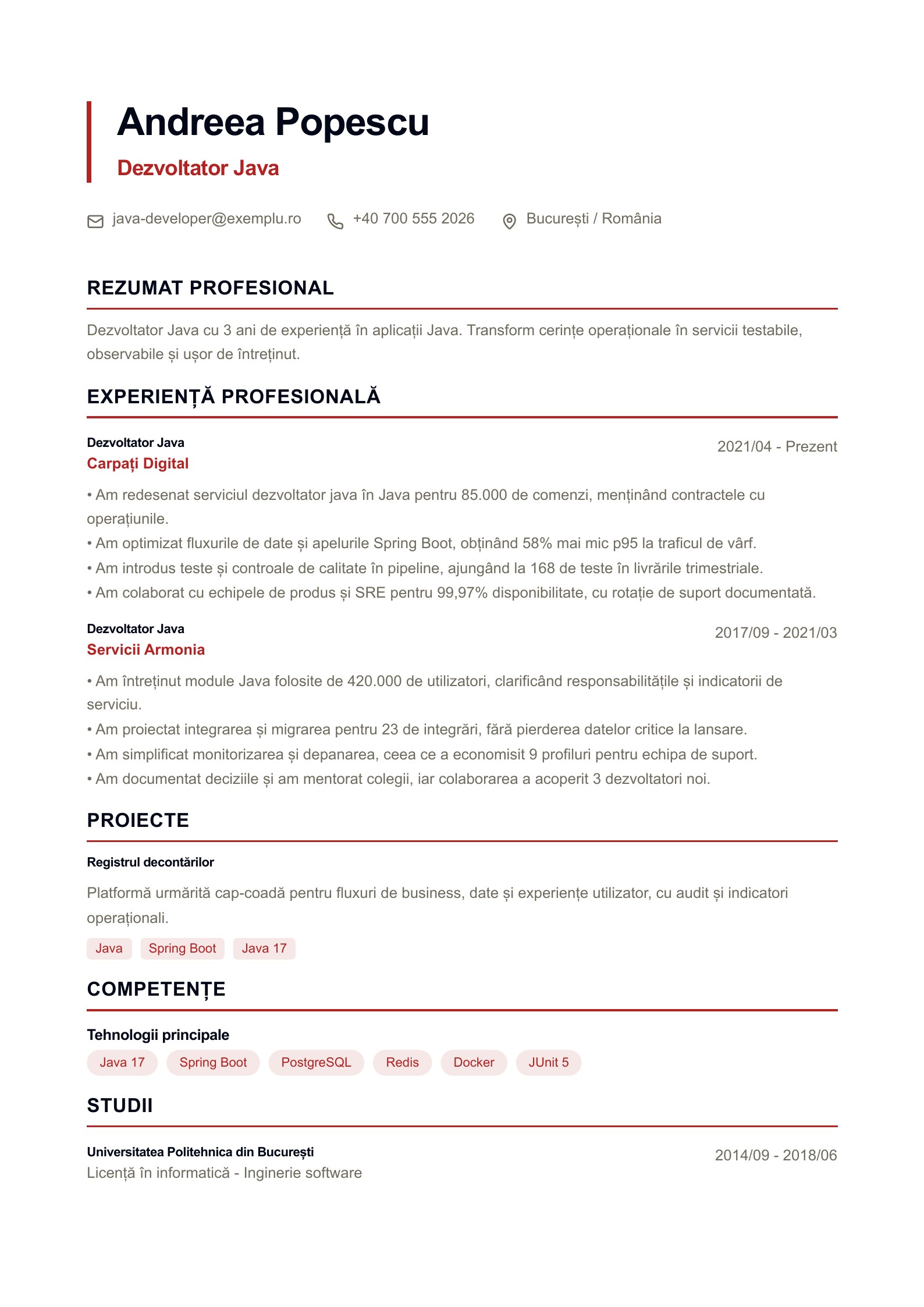 Dezvoltator Java - exemplu de CV - exemplu românesc