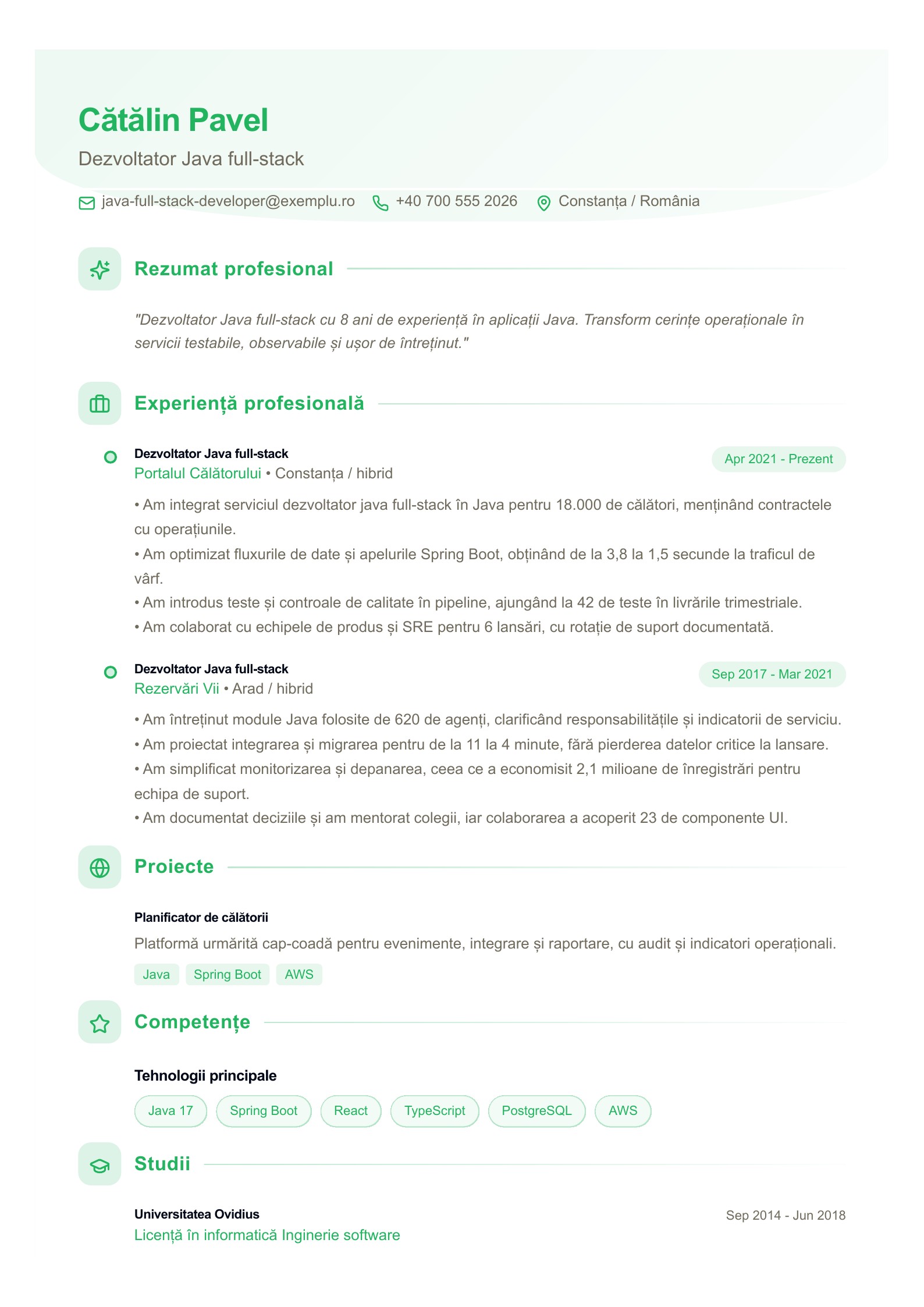 Dezvoltator Java full-stack - exemplu de CV - exemplu românesc