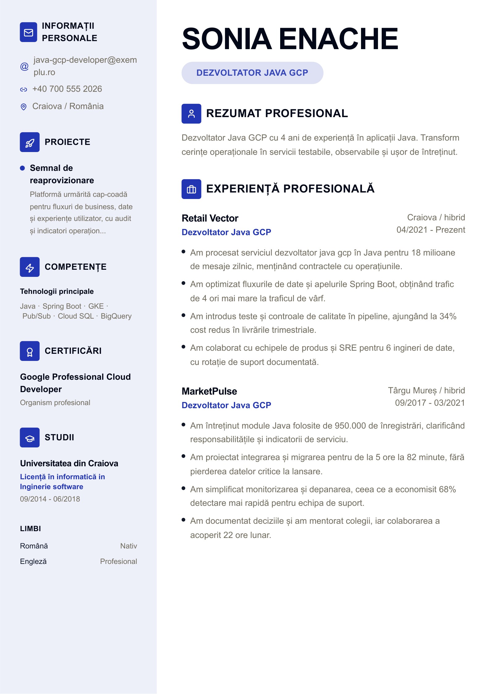 Dezvoltator Java GCP - exemplu de CV - exemplu românesc