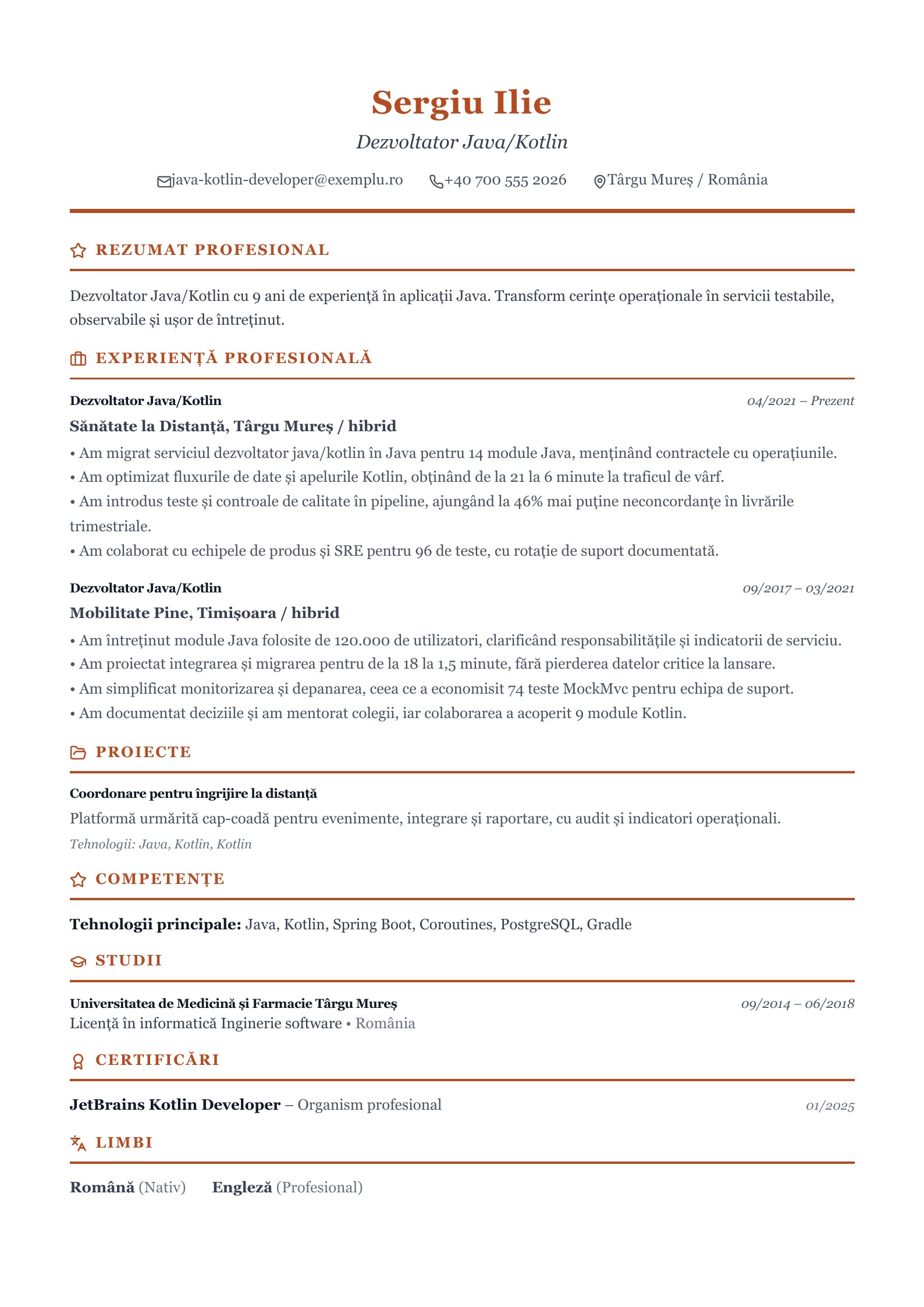 Dezvoltator Java/Kotlin - exemplu de CV - exemplu românesc