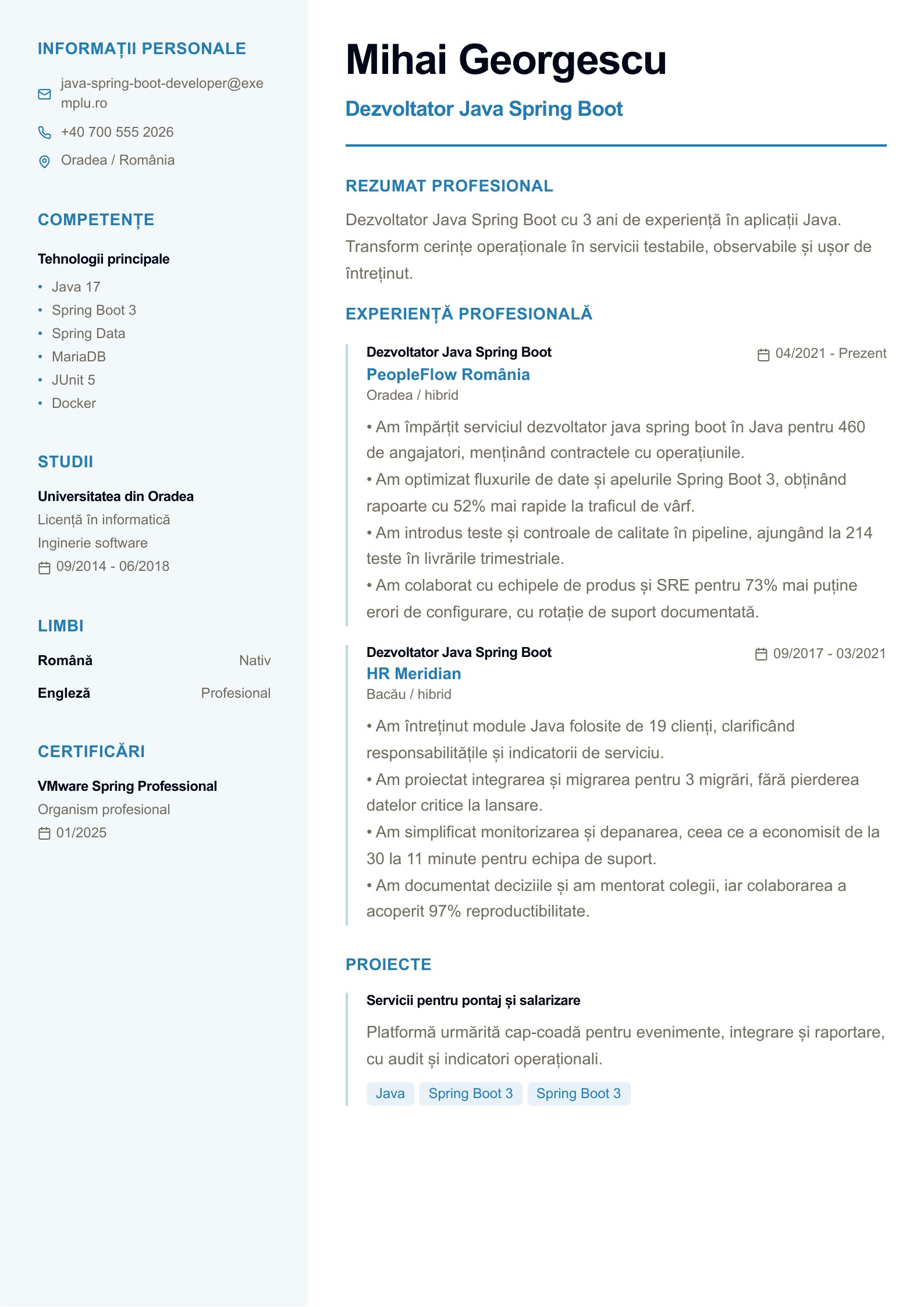 Dezvoltator Java Spring Boot - exemplu de CV - exemplu românesc