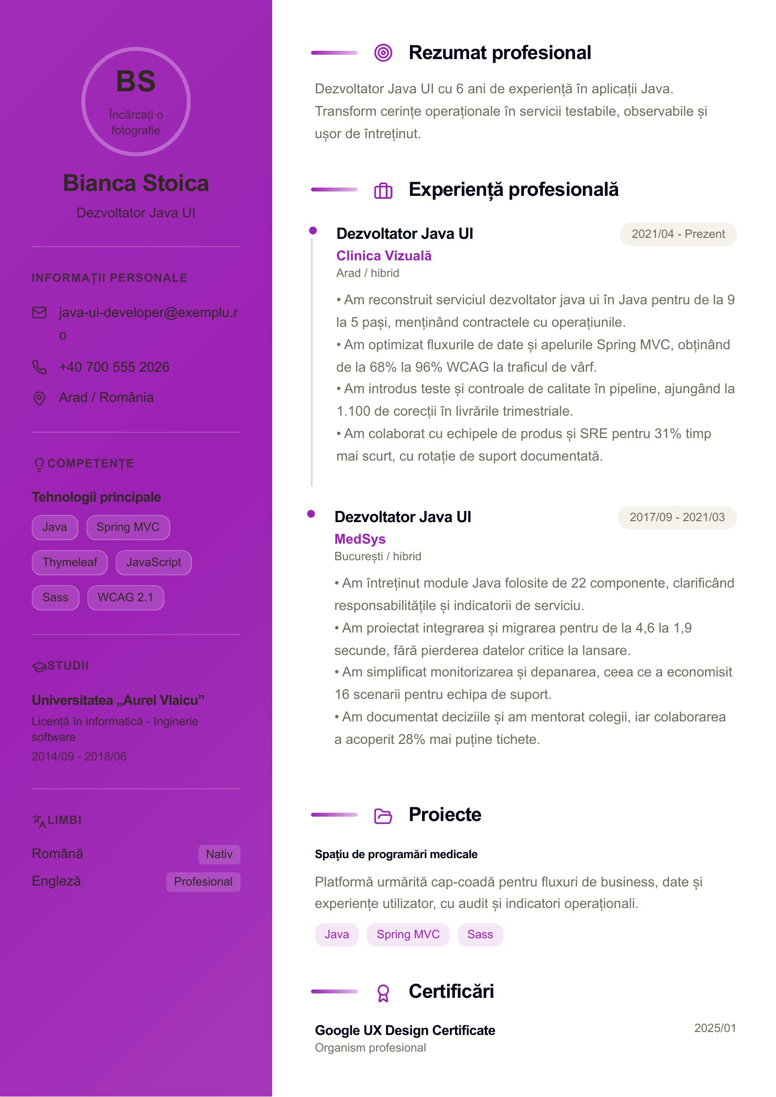 Dezvoltator Java UI - exemplu de CV - exemplu românesc