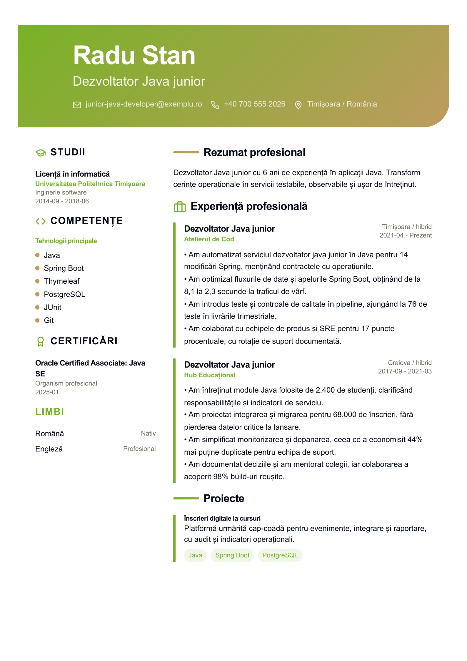 Dezvoltator Java junior - exemplu de CV - exemplu românesc