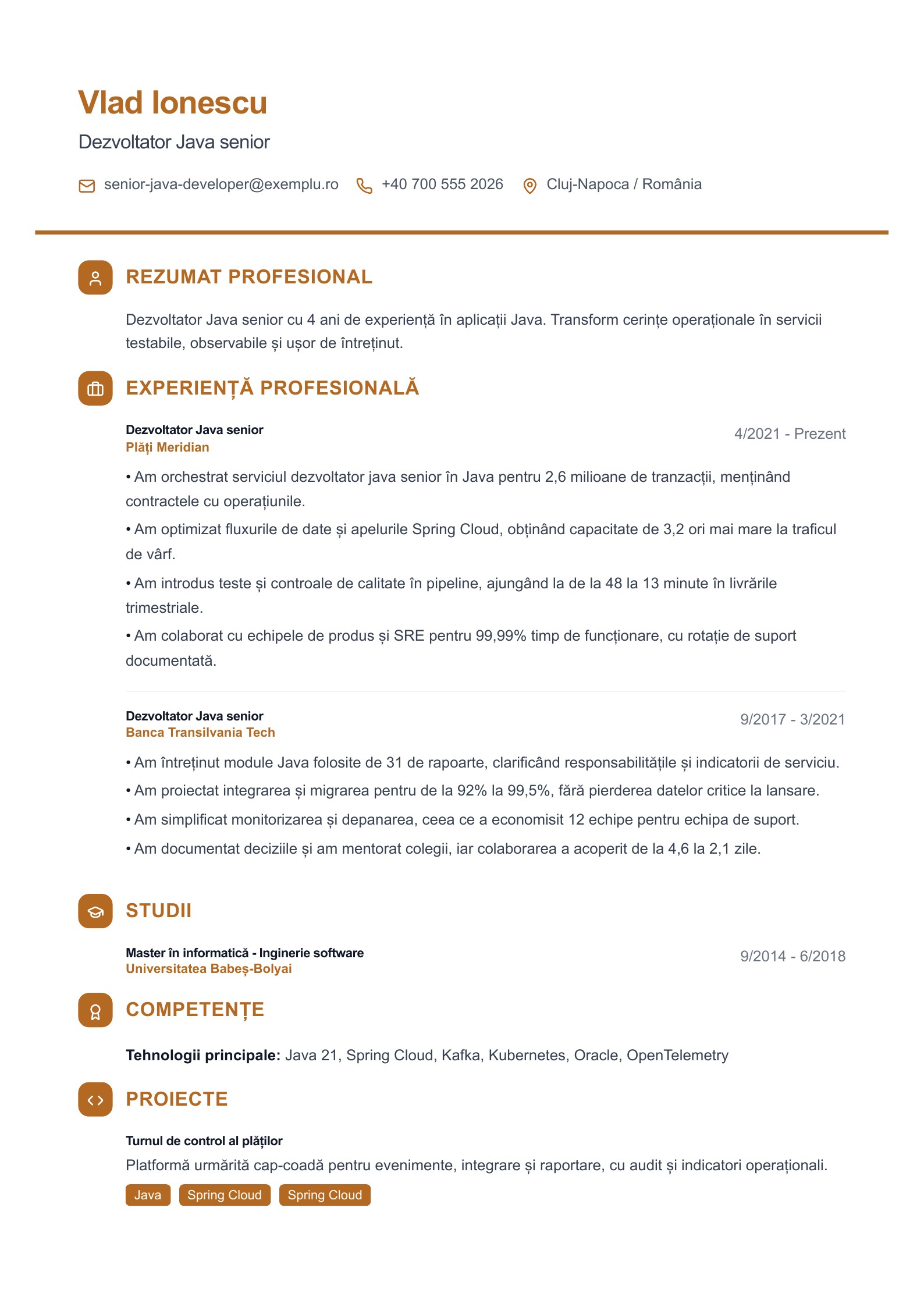 Dezvoltator Java senior - exemplu de CV - exemplu românesc
