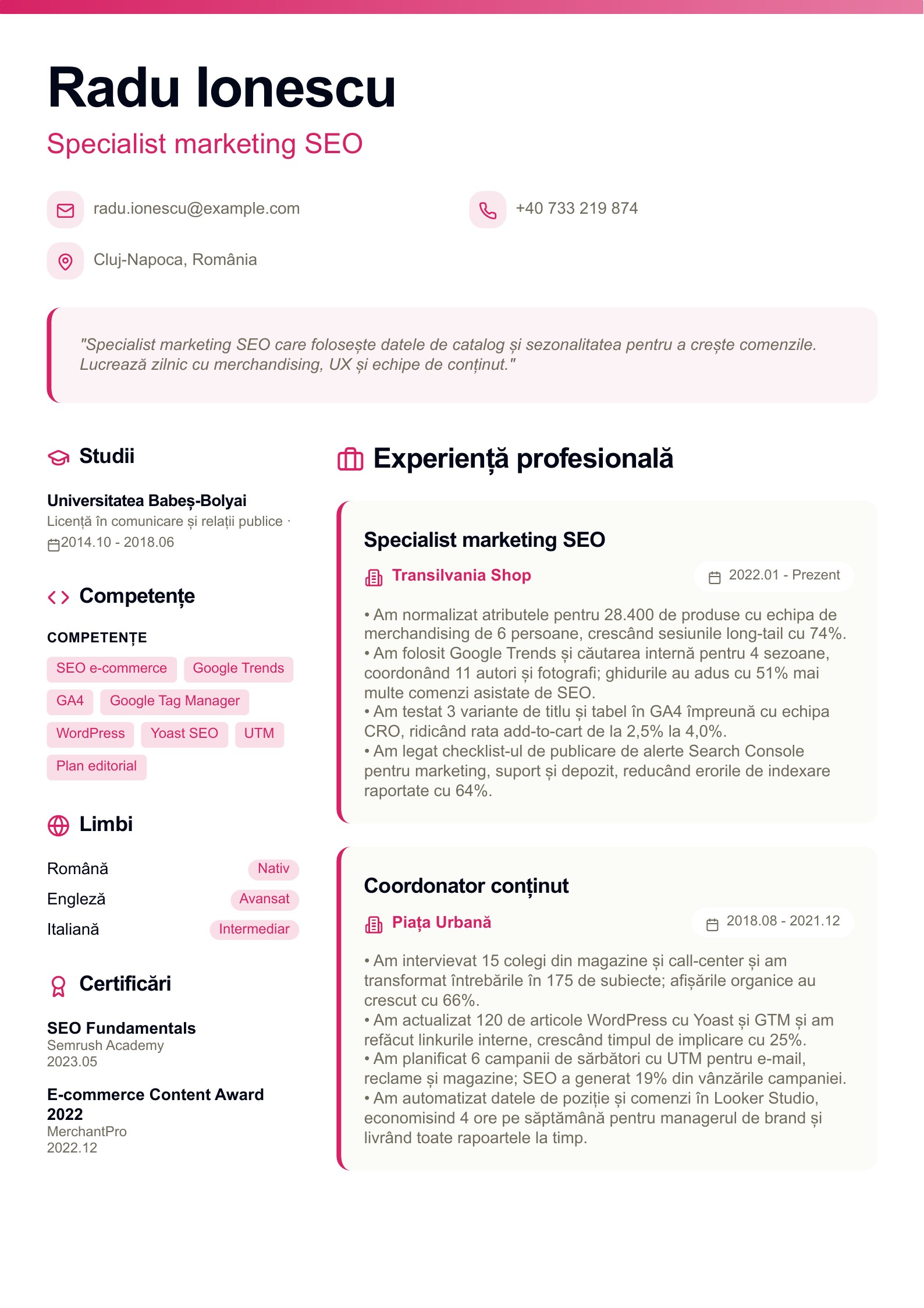 Specialist marketing SEO - exemplu românesc