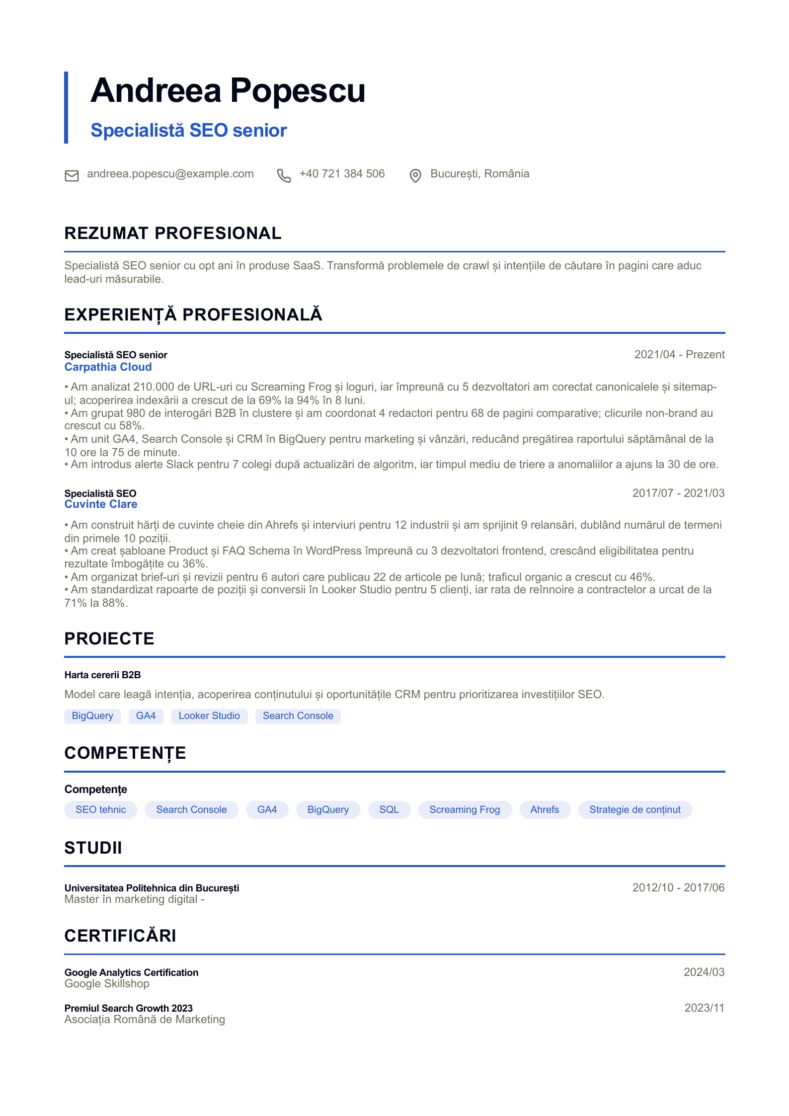 CV SEO - exemplu românesc