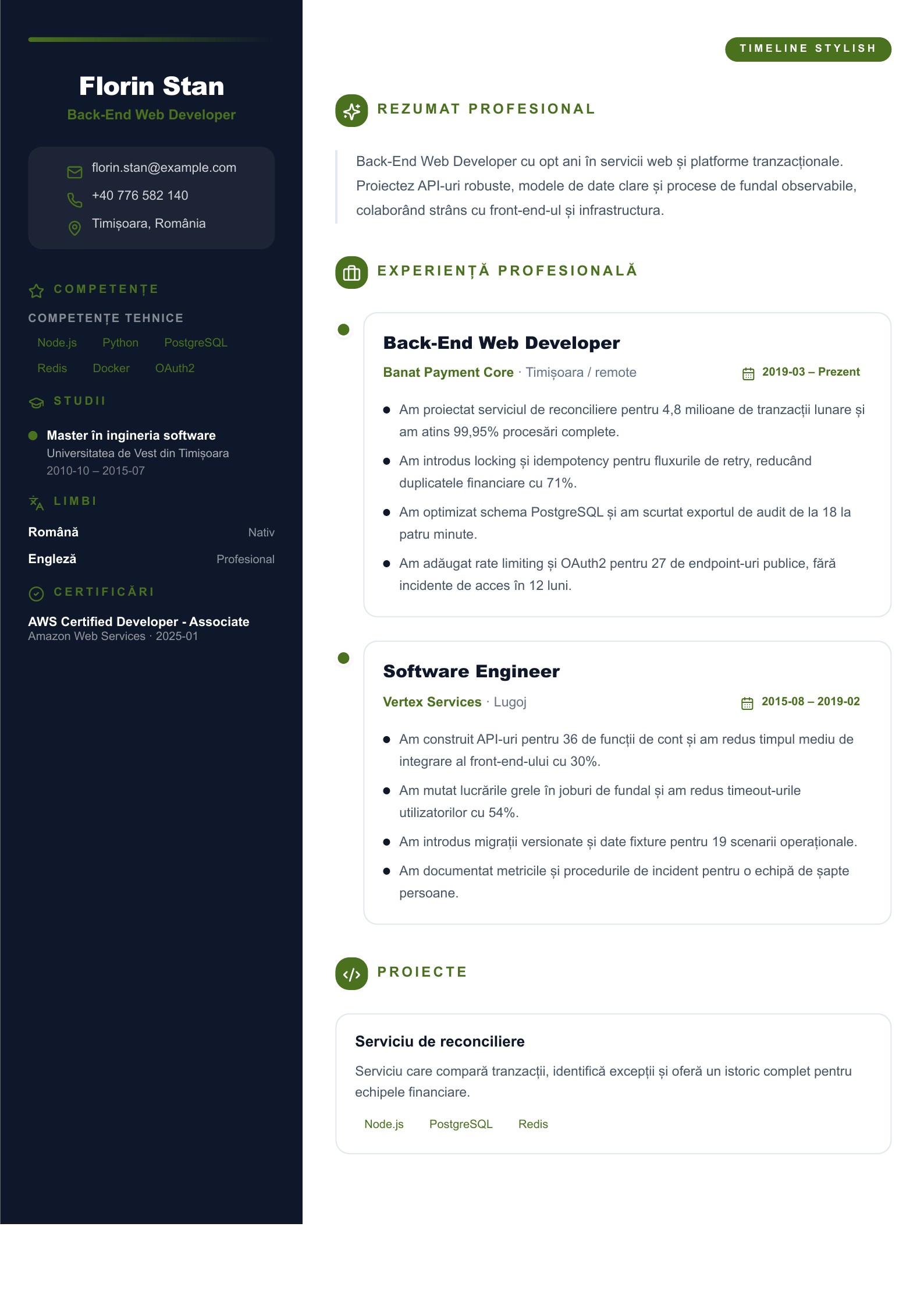 CV pentru Back-End Web Developer - exemplu românesc
