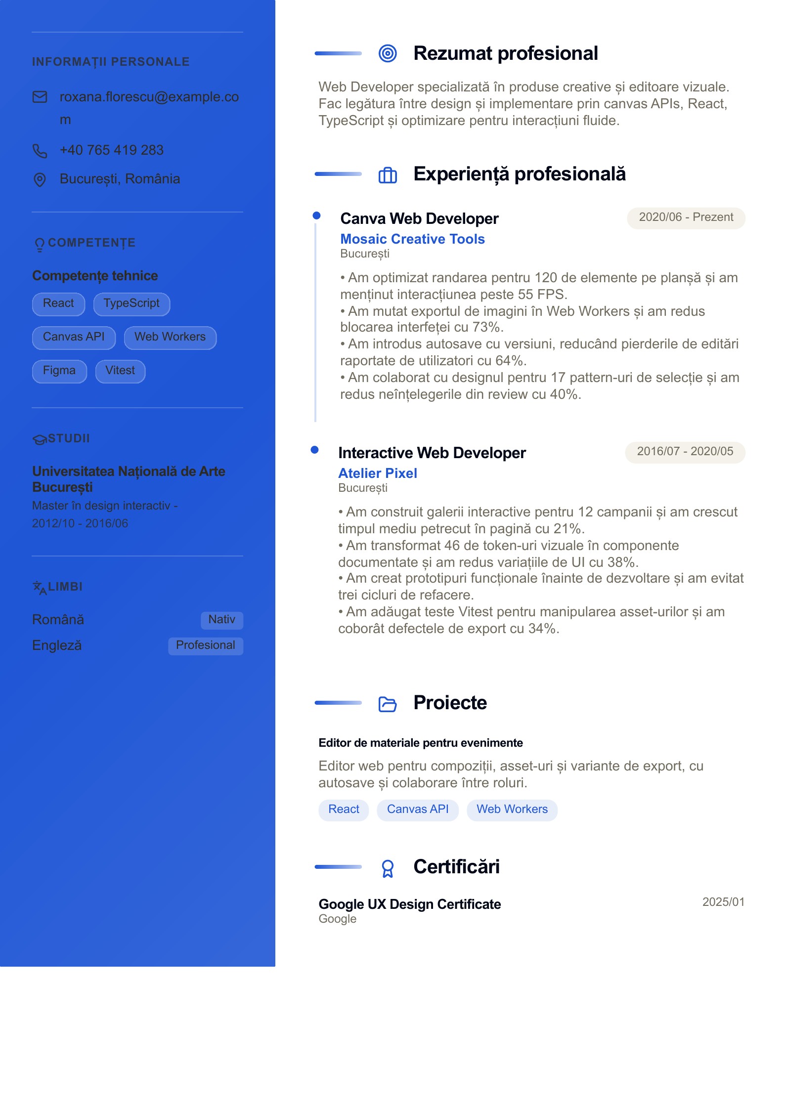 CV pentru Canva Web Developer - exemplu românesc