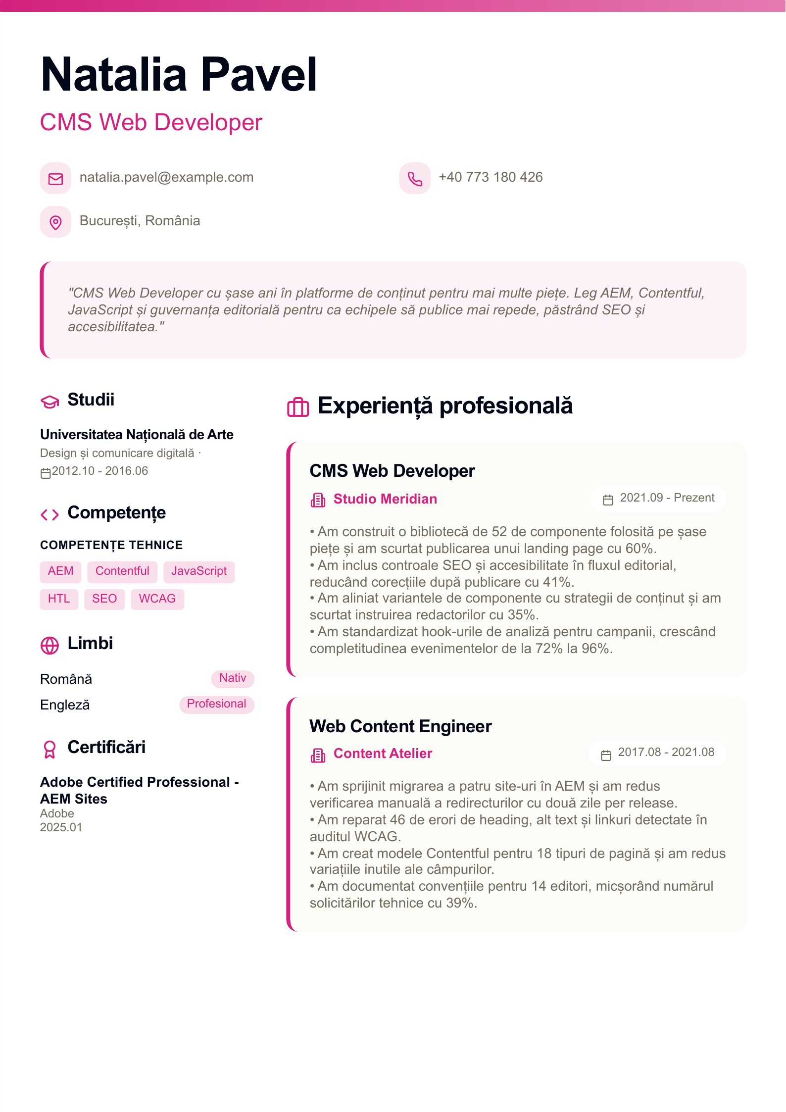 CV pentru CMS Web Developer - exemplu românesc