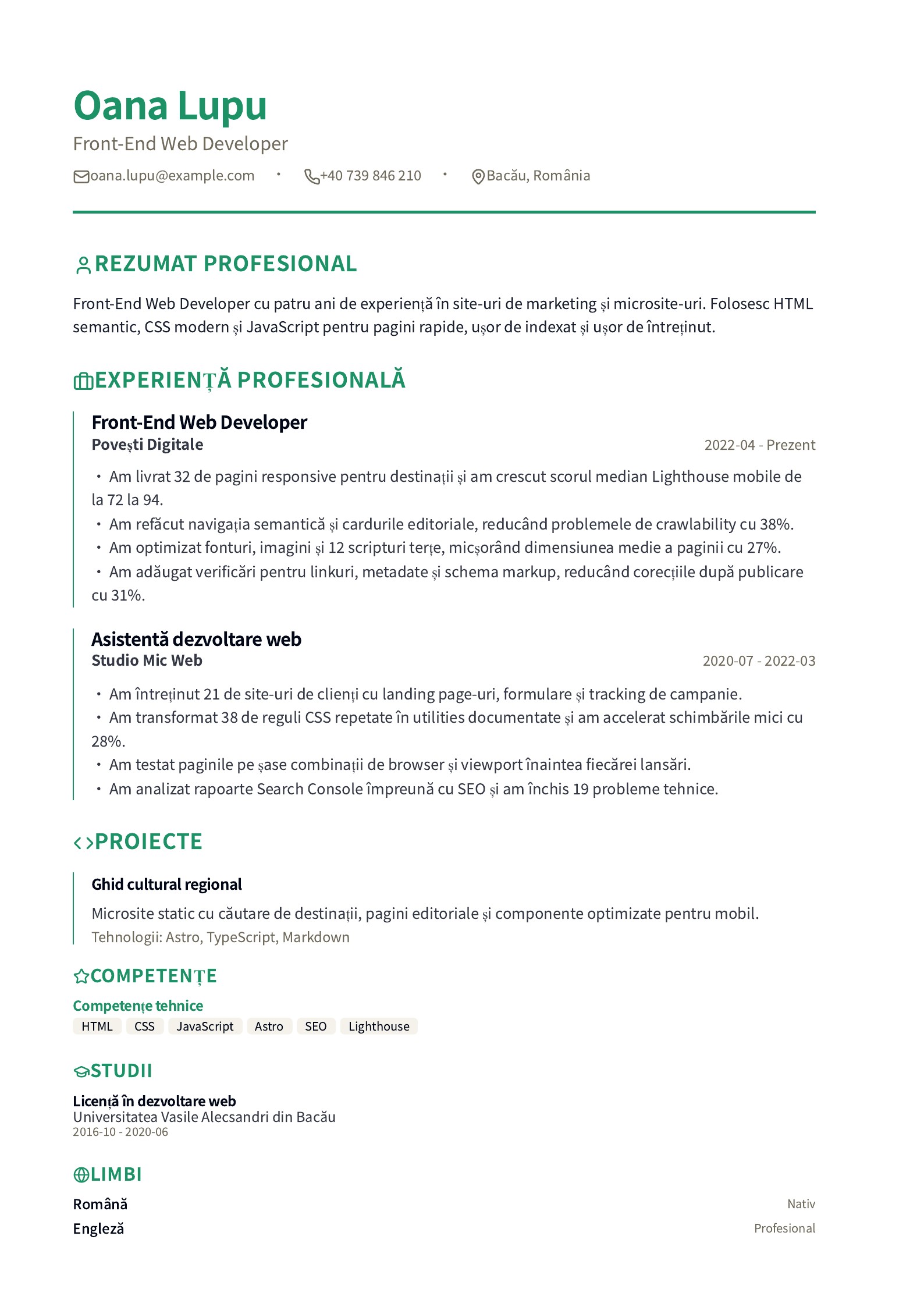 CV pentru Front-End Web Developer - exemplu românesc