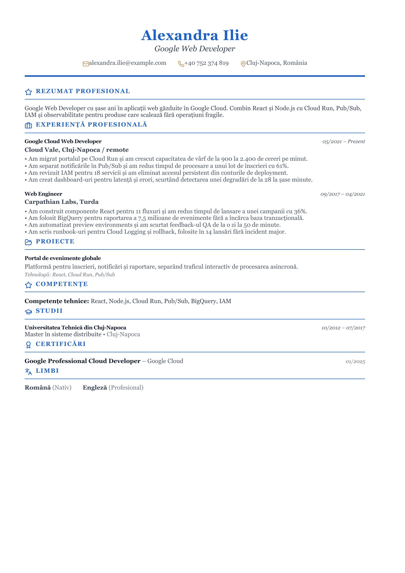 CV pentru Google Web Developer - exemplu românesc
