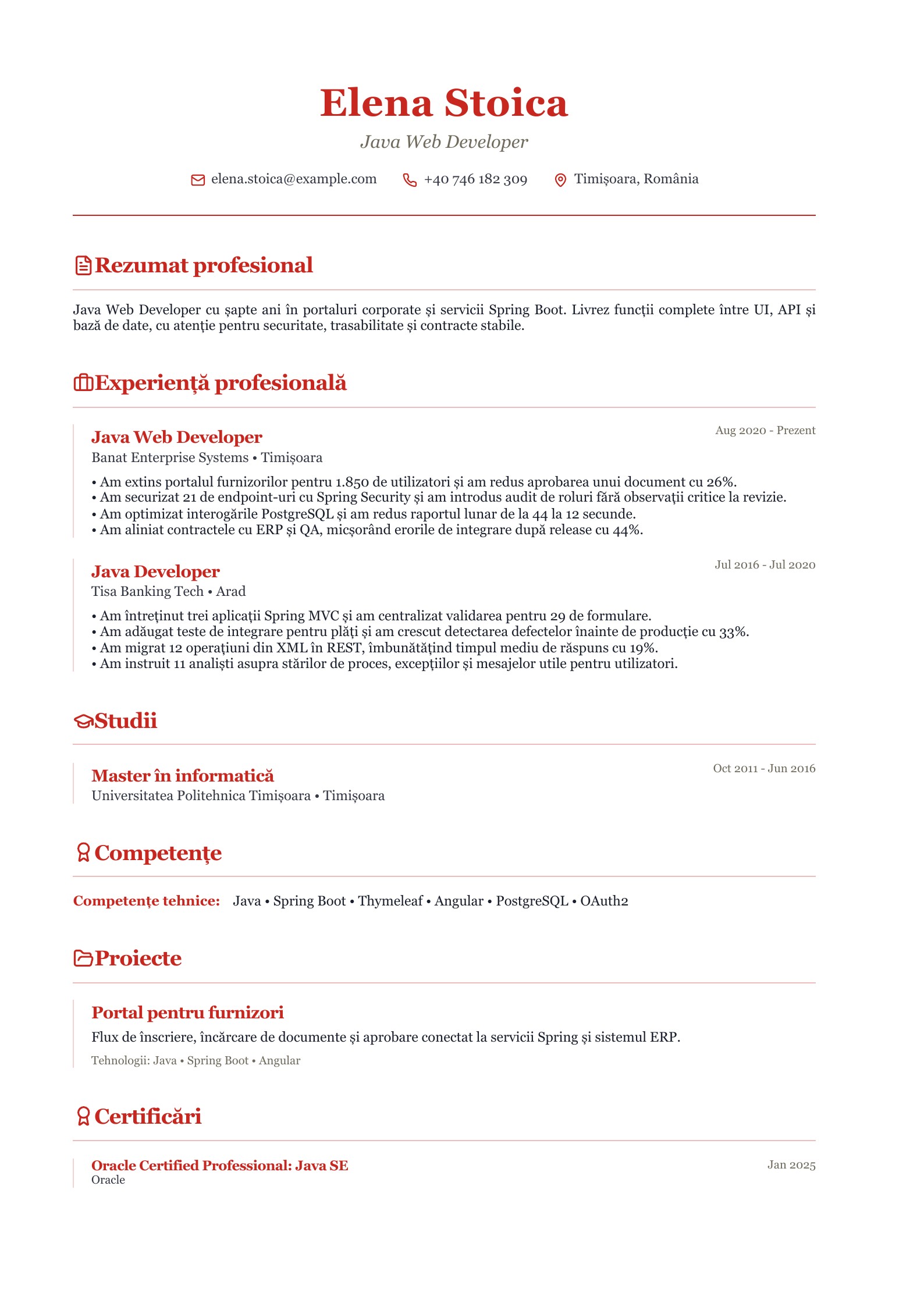 CV pentru Java Web Developer - exemplu românesc