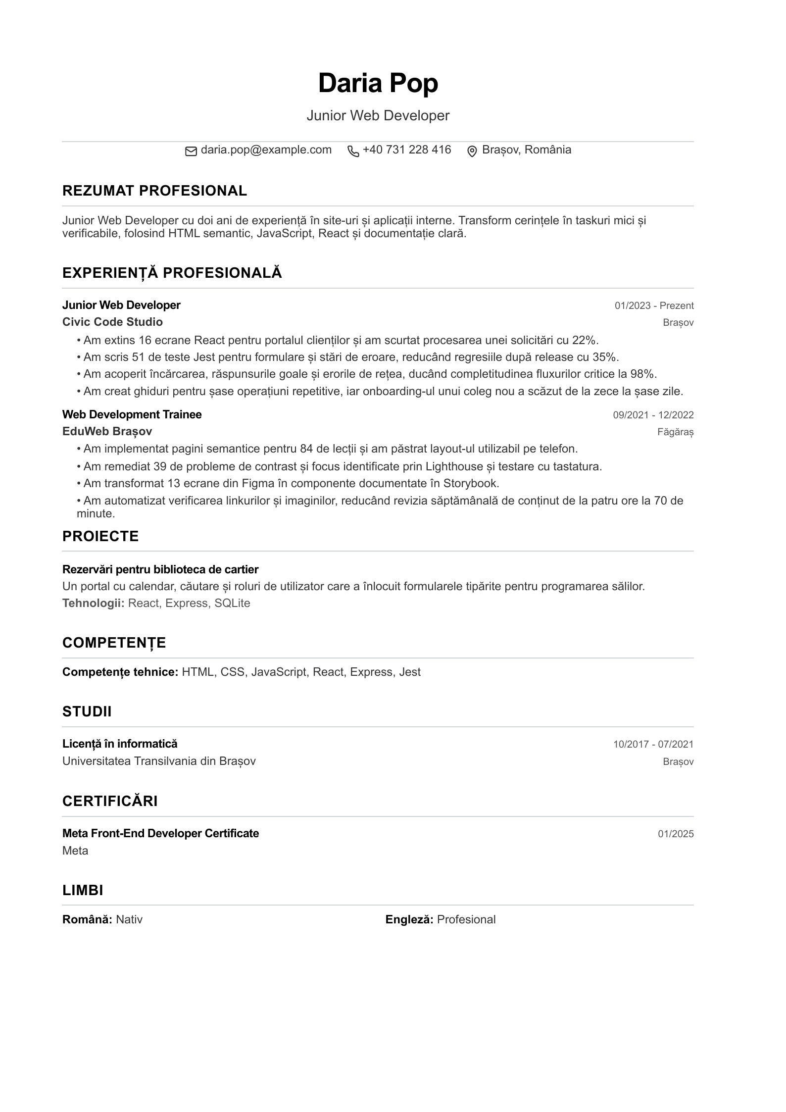 CV pentru Junior Web Developer - exemplu românesc