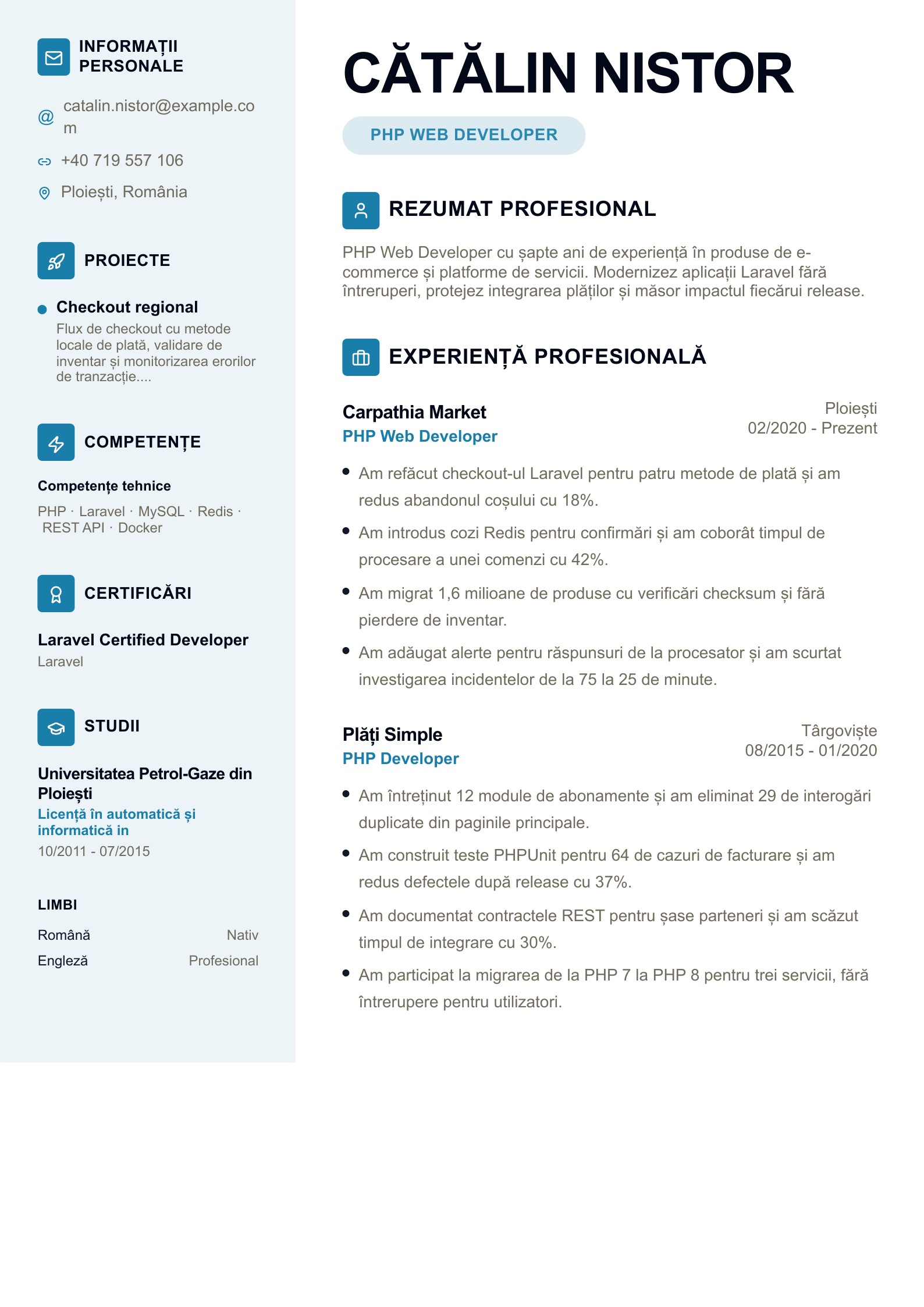 CV pentru PHP Web Developer - exemplu românesc