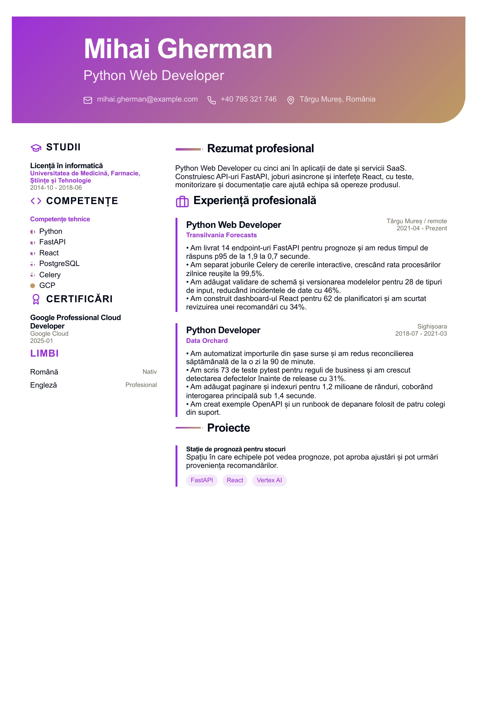 CV pentru Python Web Developer - exemplu românesc