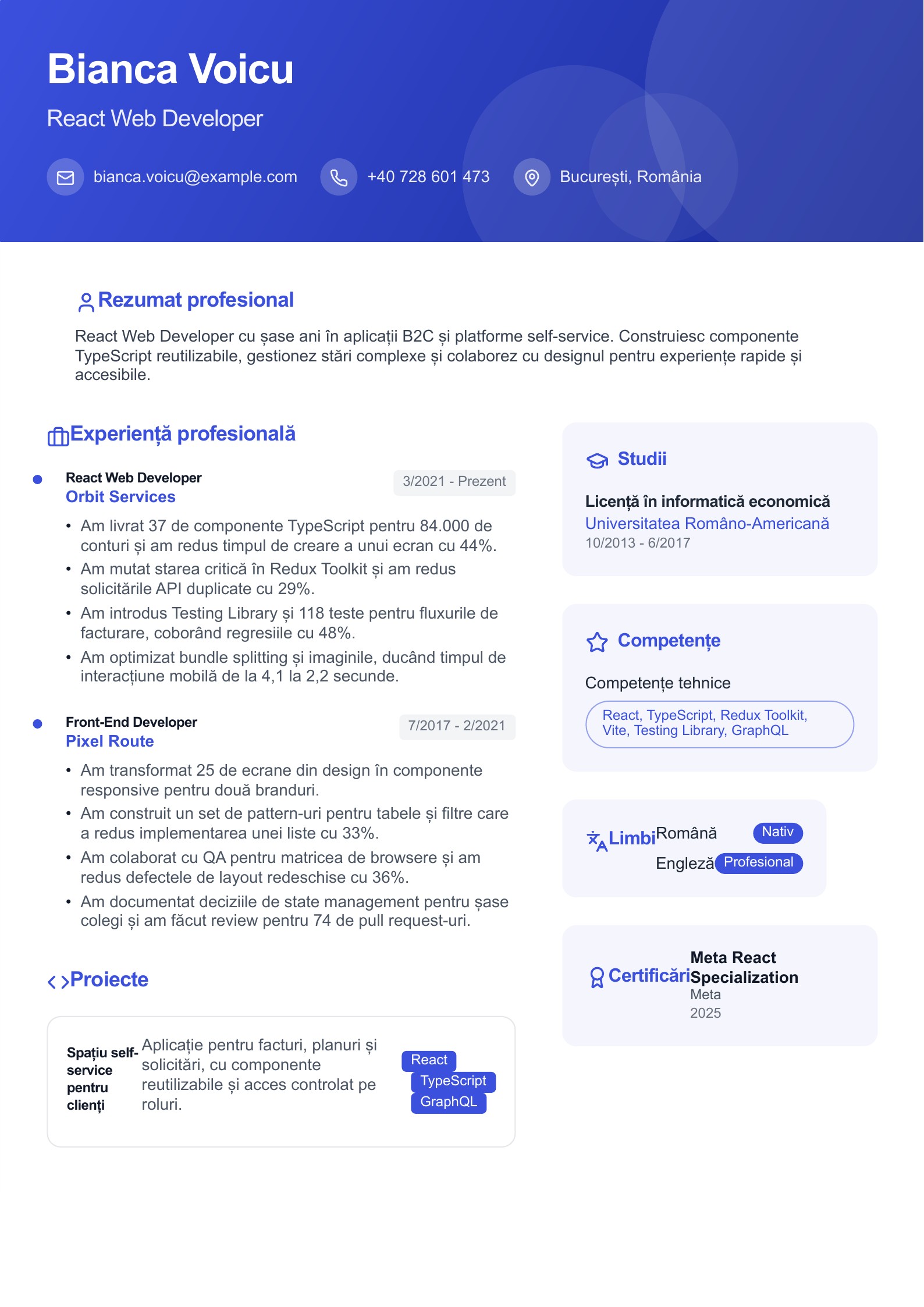 CV pentru React Web Developer - exemplu românesc