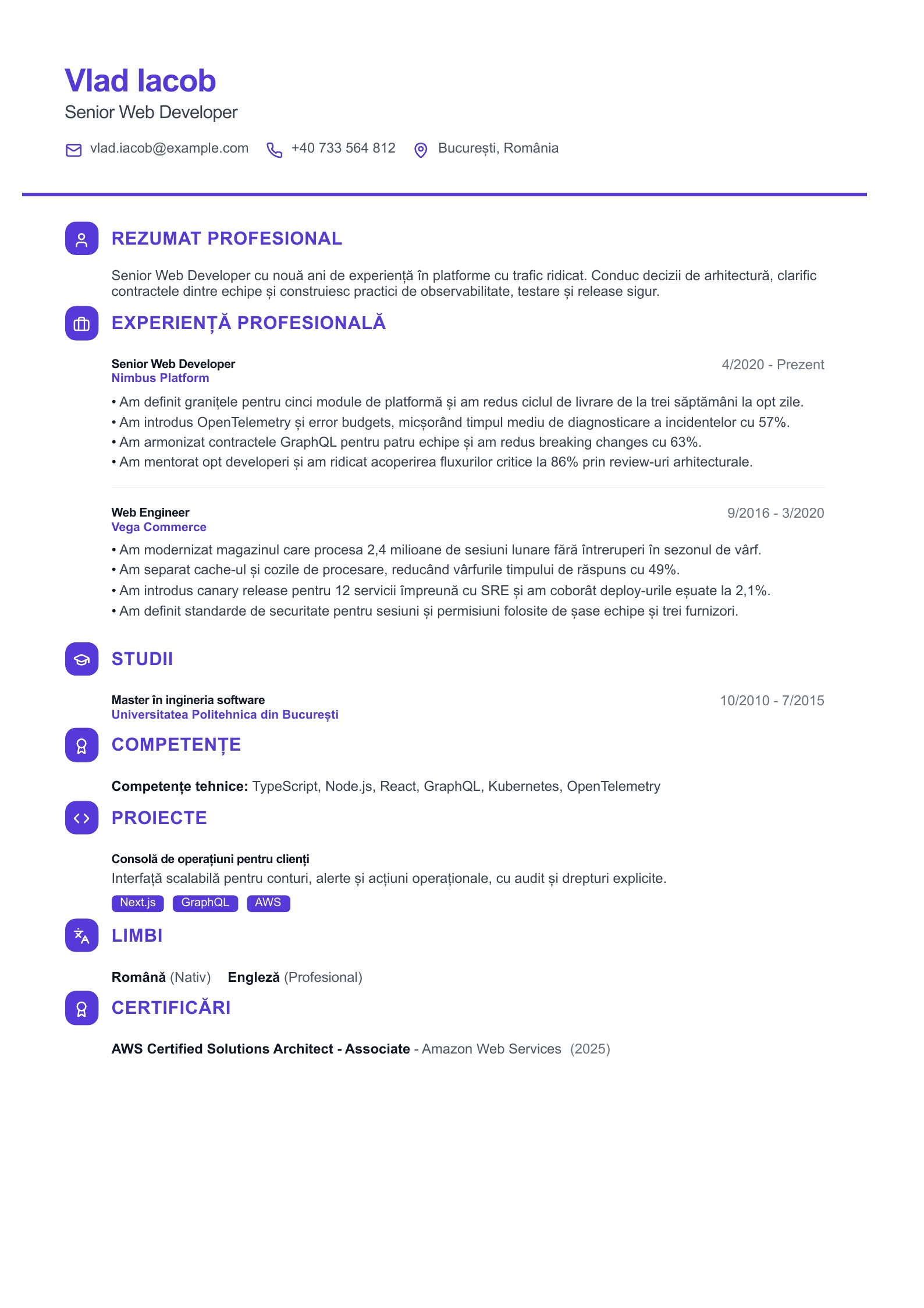 CV pentru Senior Web Developer - exemplu românesc