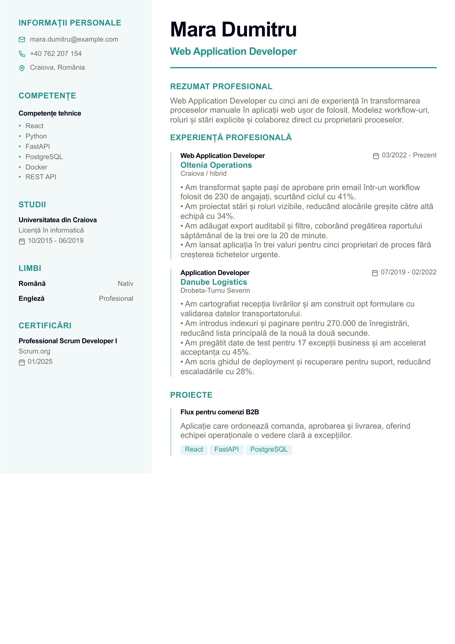 CV pentru Web Application Developer - exemplu românesc