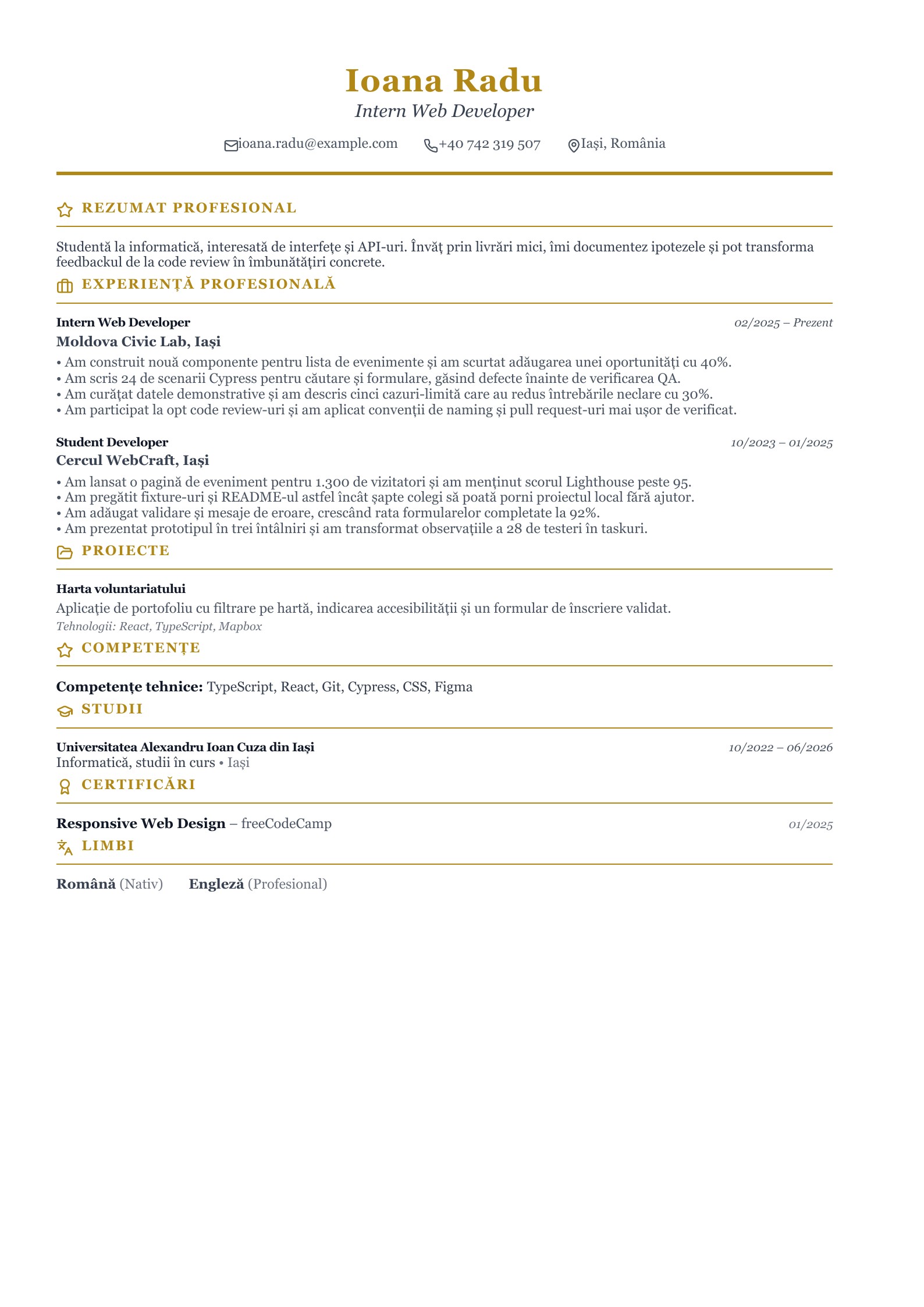 CV pentru Intern Web Developer - exemplu românesc