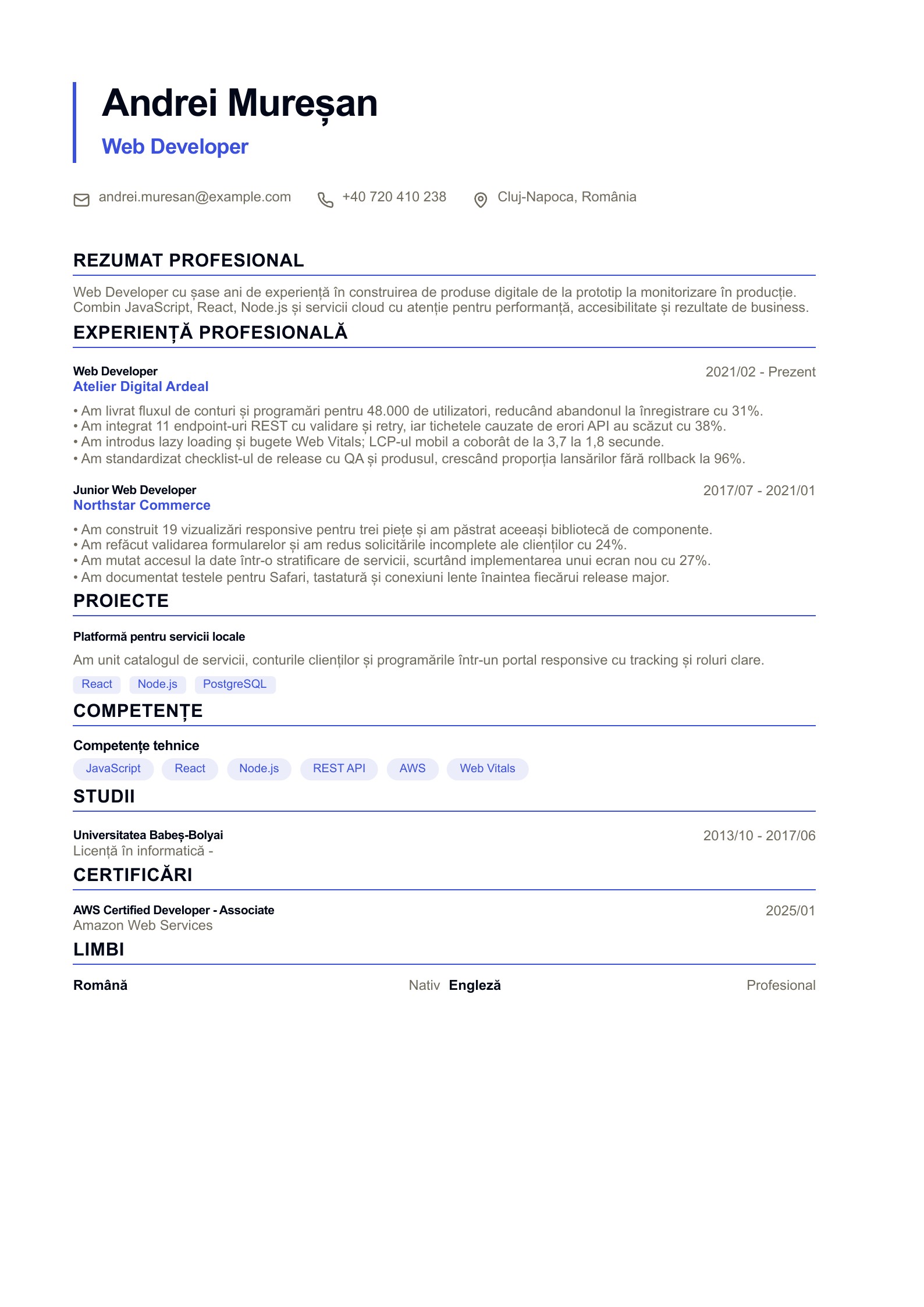 CV pentru Web Developer - exemplu românesc
