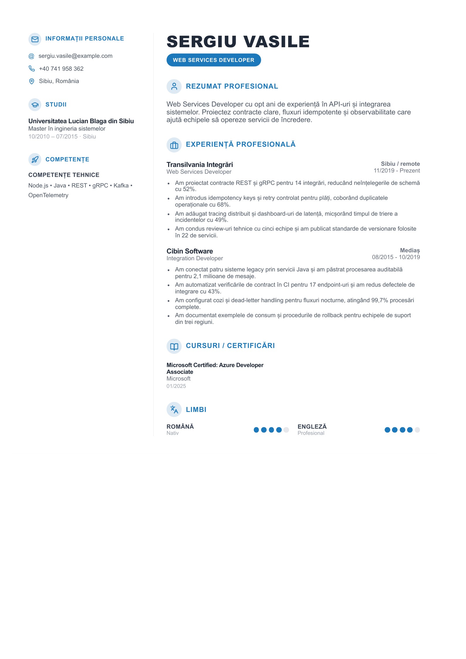 CV pentru Web Services Developer - exemplu românesc