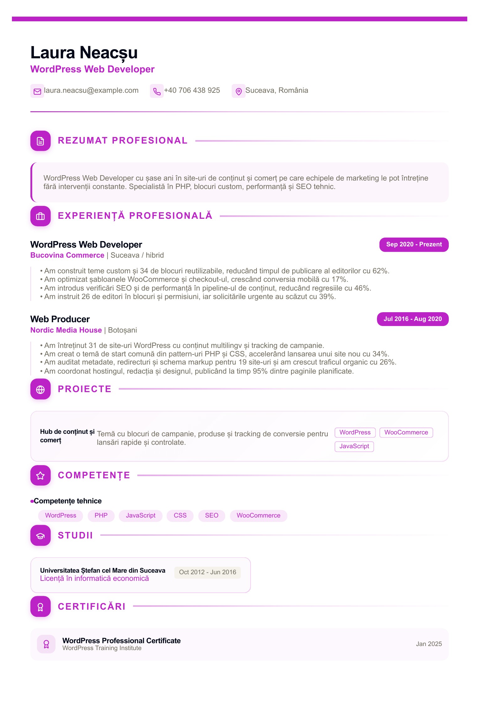 CV pentru WordPress Web Developer - exemplu românesc