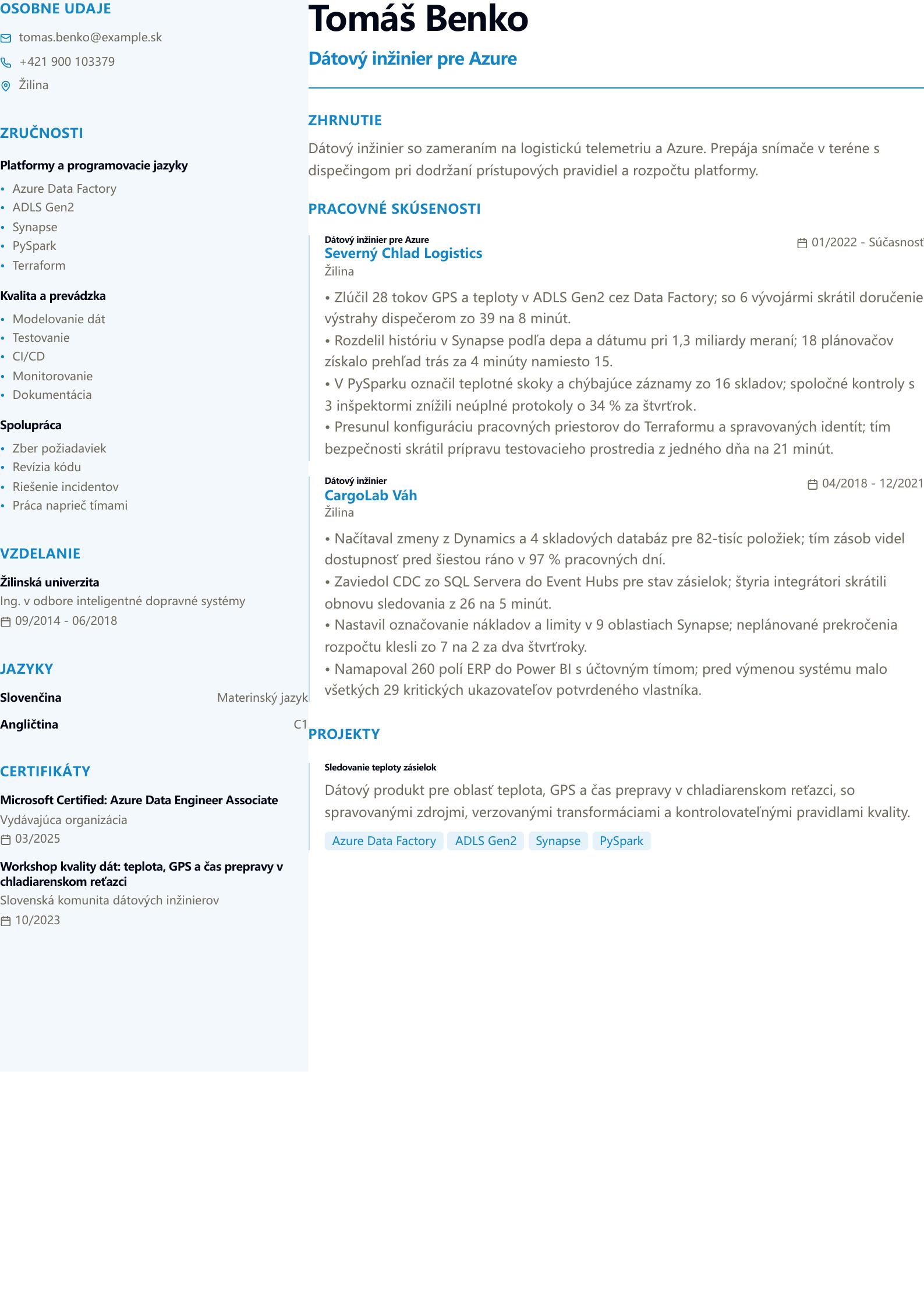 Životopis Azure Data Engineer Náhľad životopisu