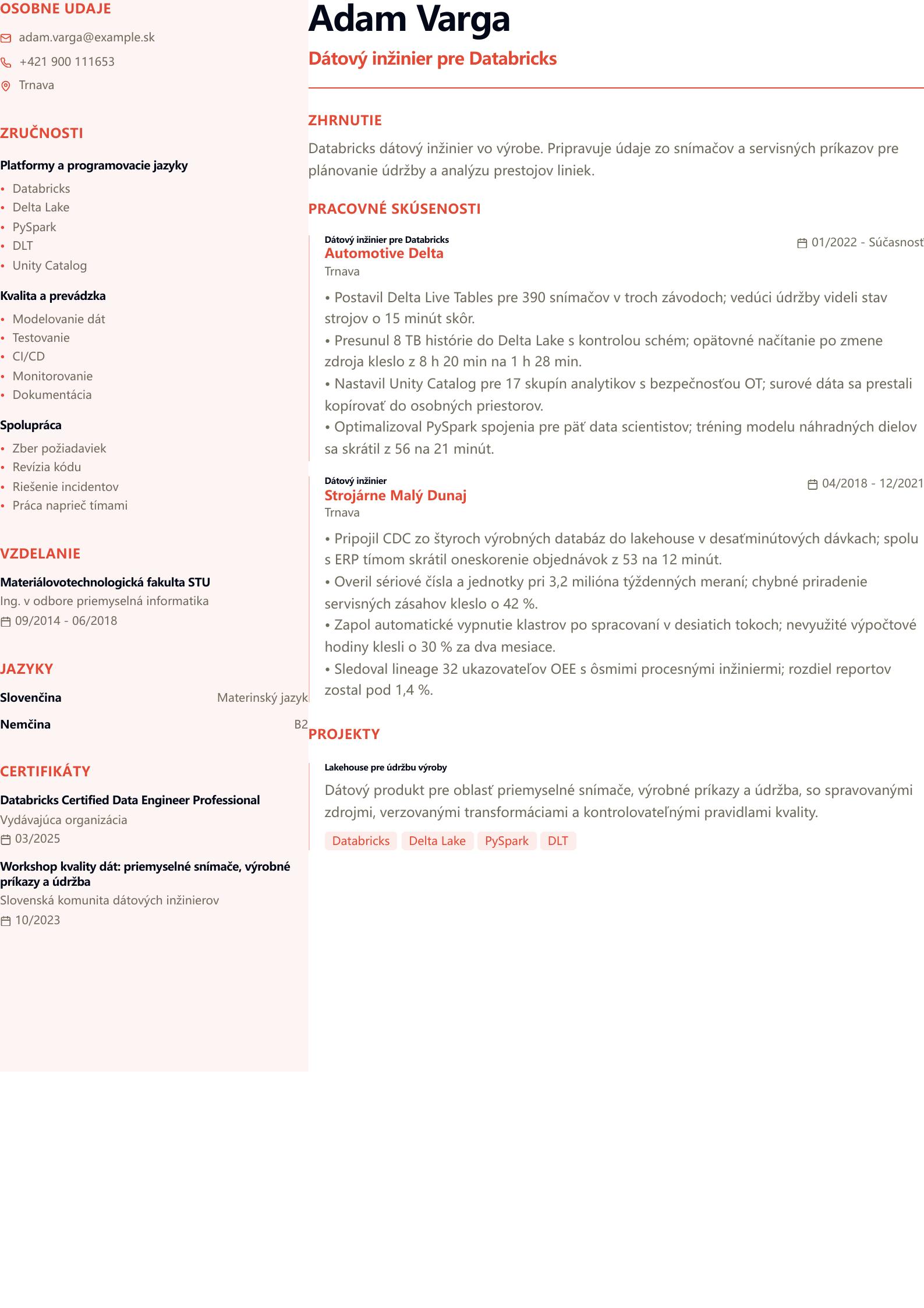 Životopis Databricks Data Engineer Náhľad životopisu