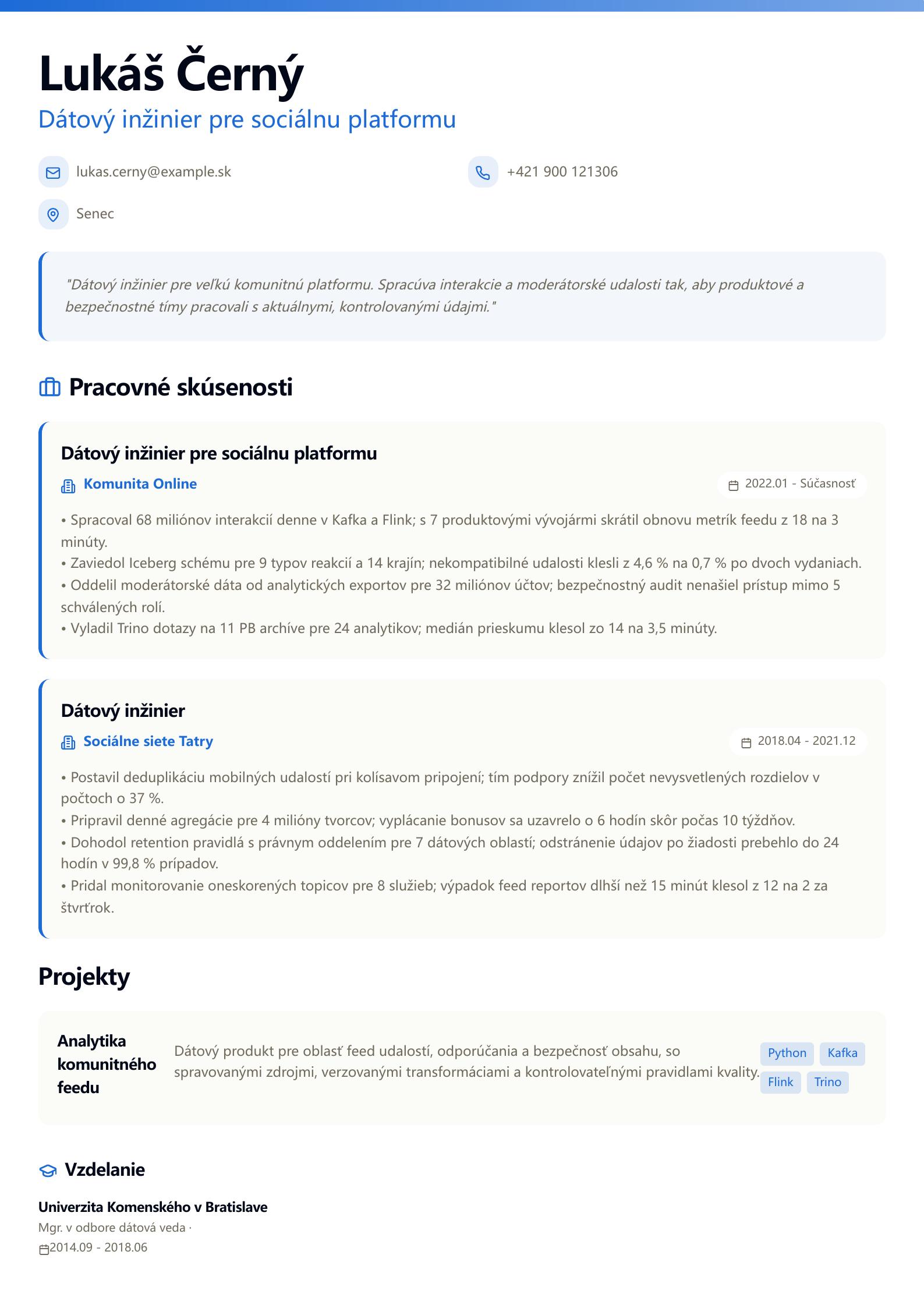 Životopis Data Engineer pre sociálnu platformu Náhľad životopisu