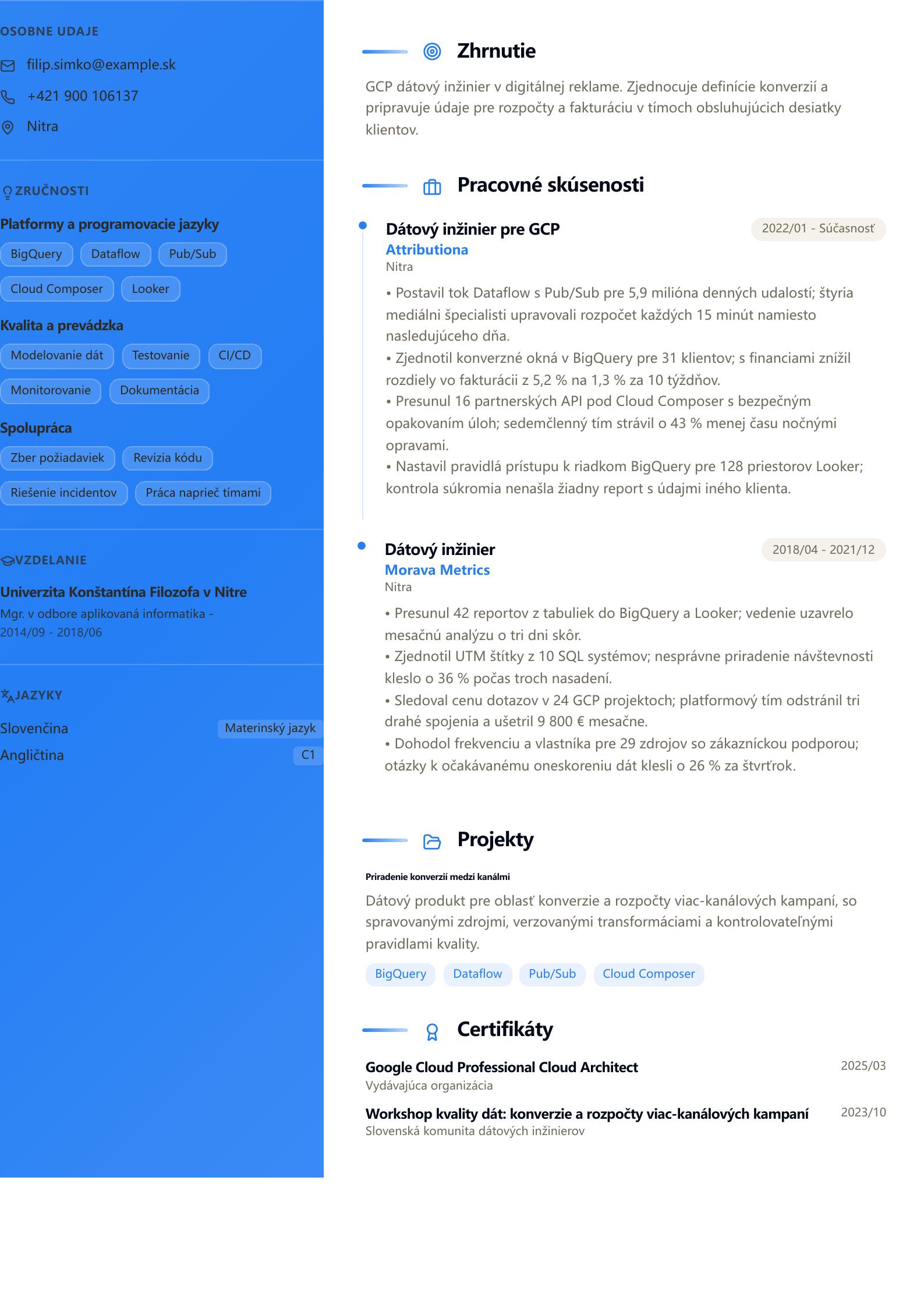 Životopis GCP Data Engineer Náhľad životopisu