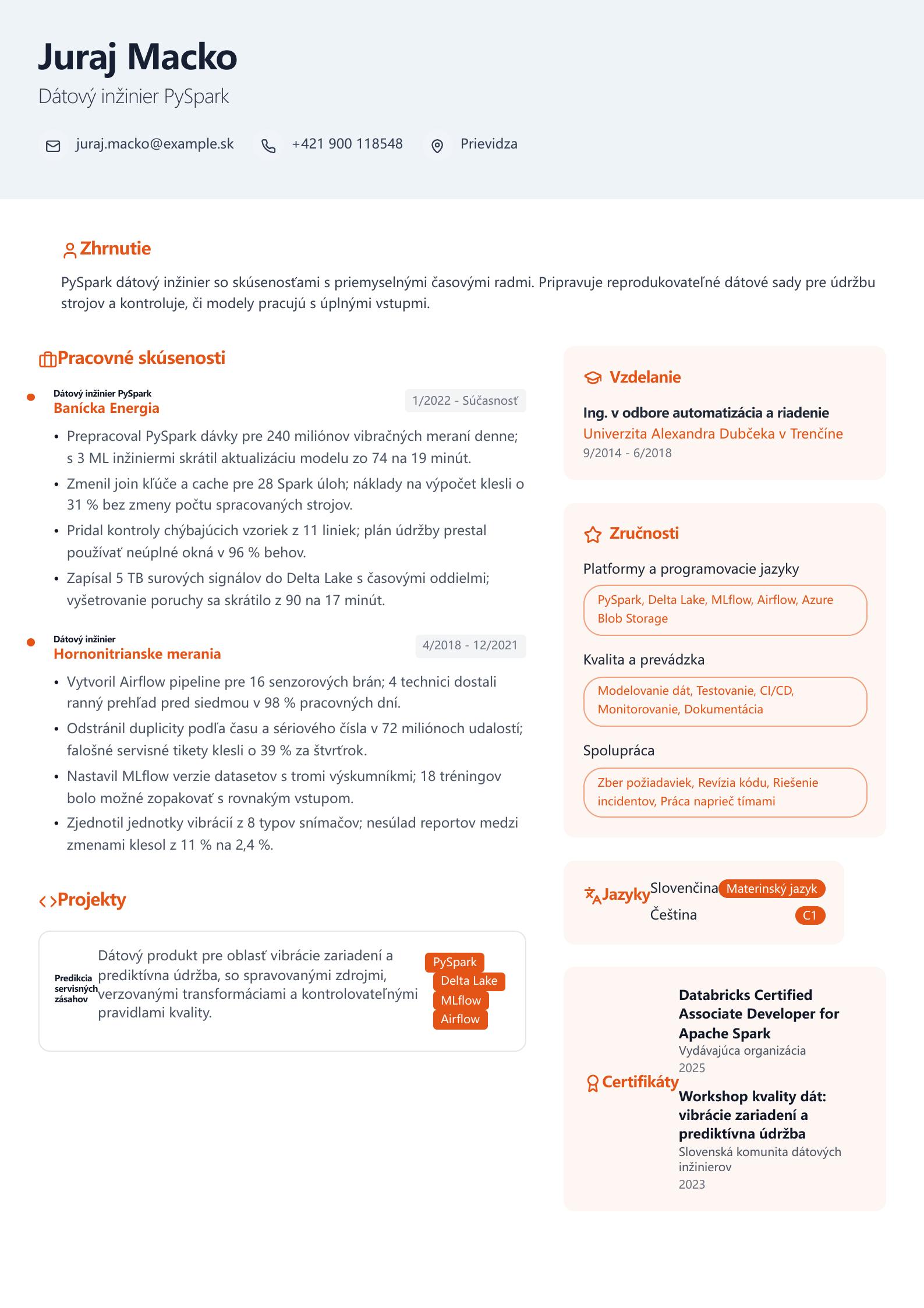 Životopis PySpark Data Engineer Náhľad životopisu