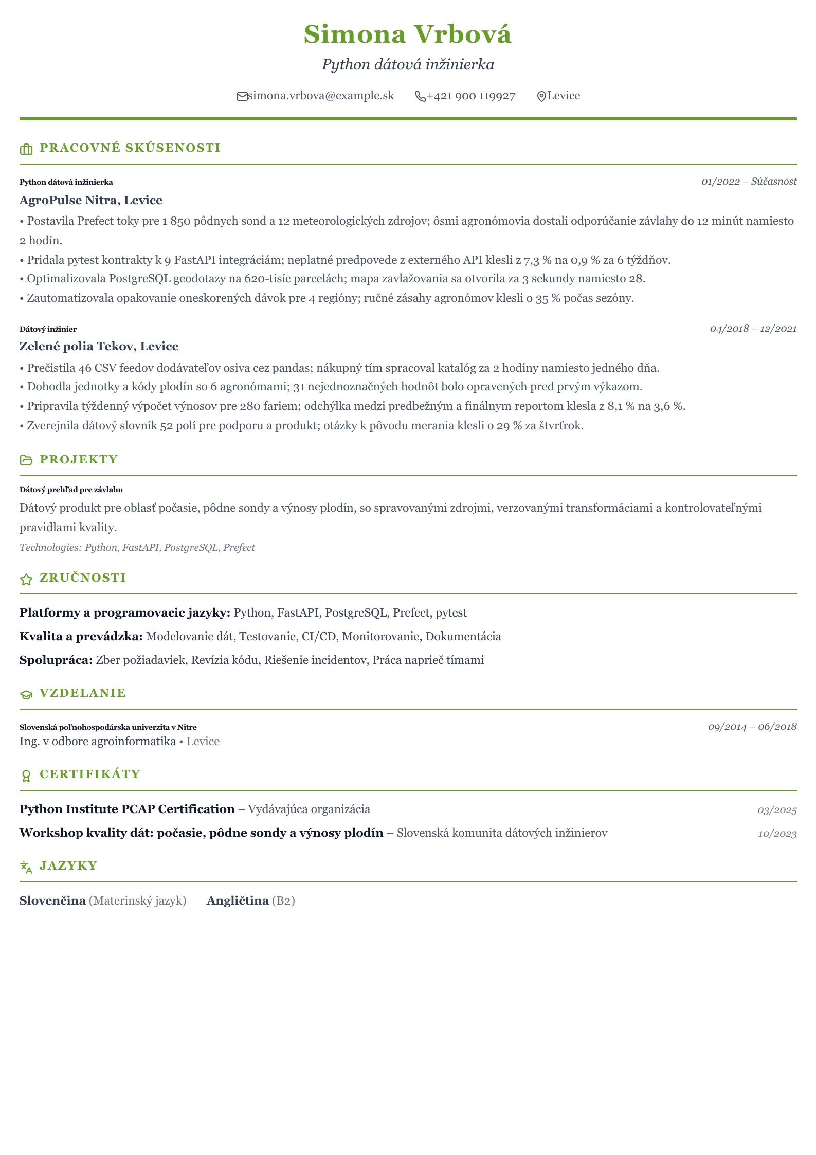 Životopis Python Data Engineer Náhľad životopisu