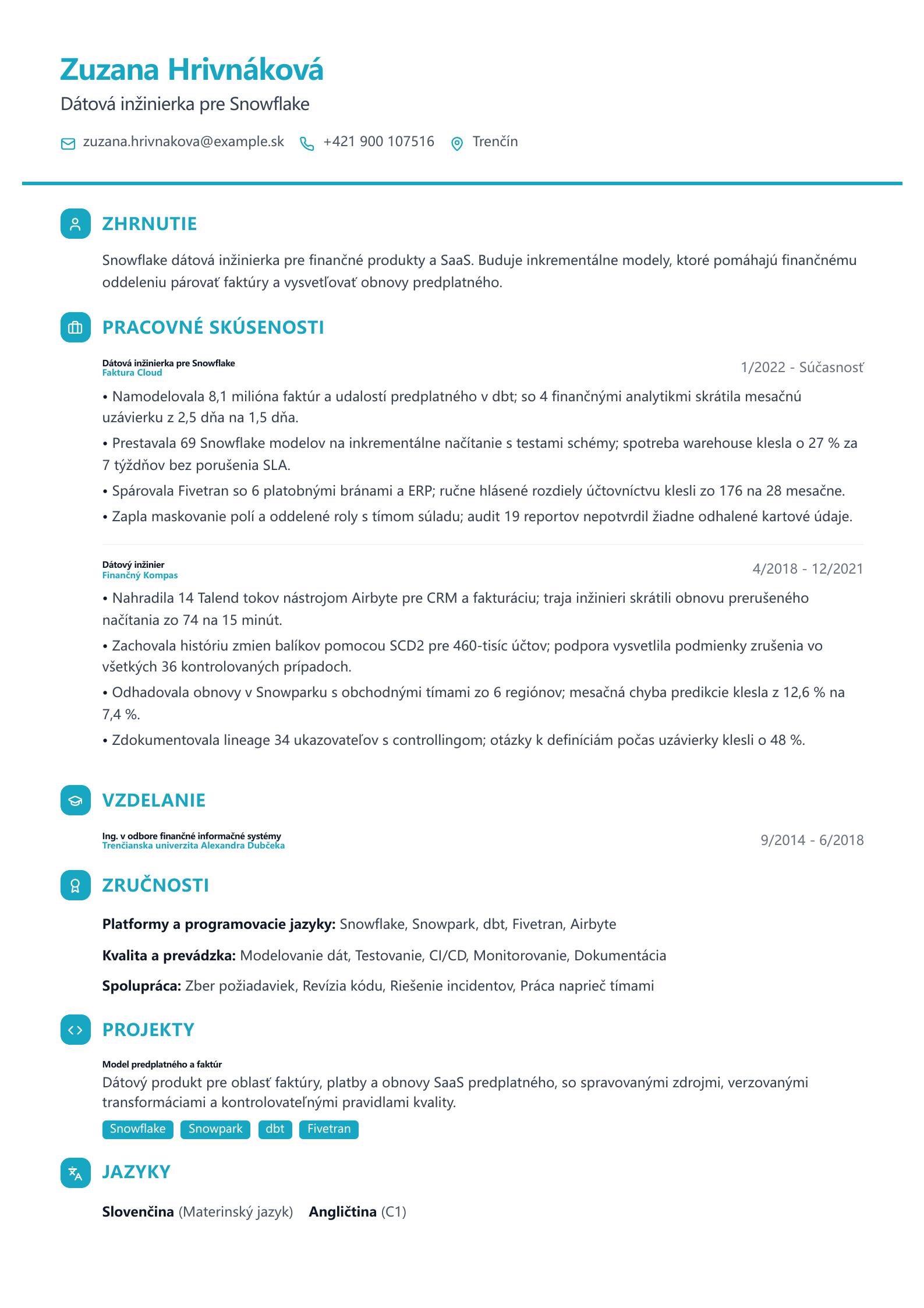 Životopis Snowflake Data Engineer Náhľad životopisu