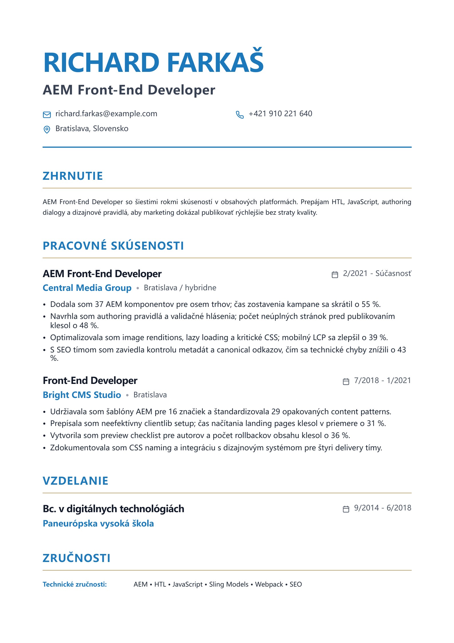 Životopis AEM front-end developera - slovenský príklad
