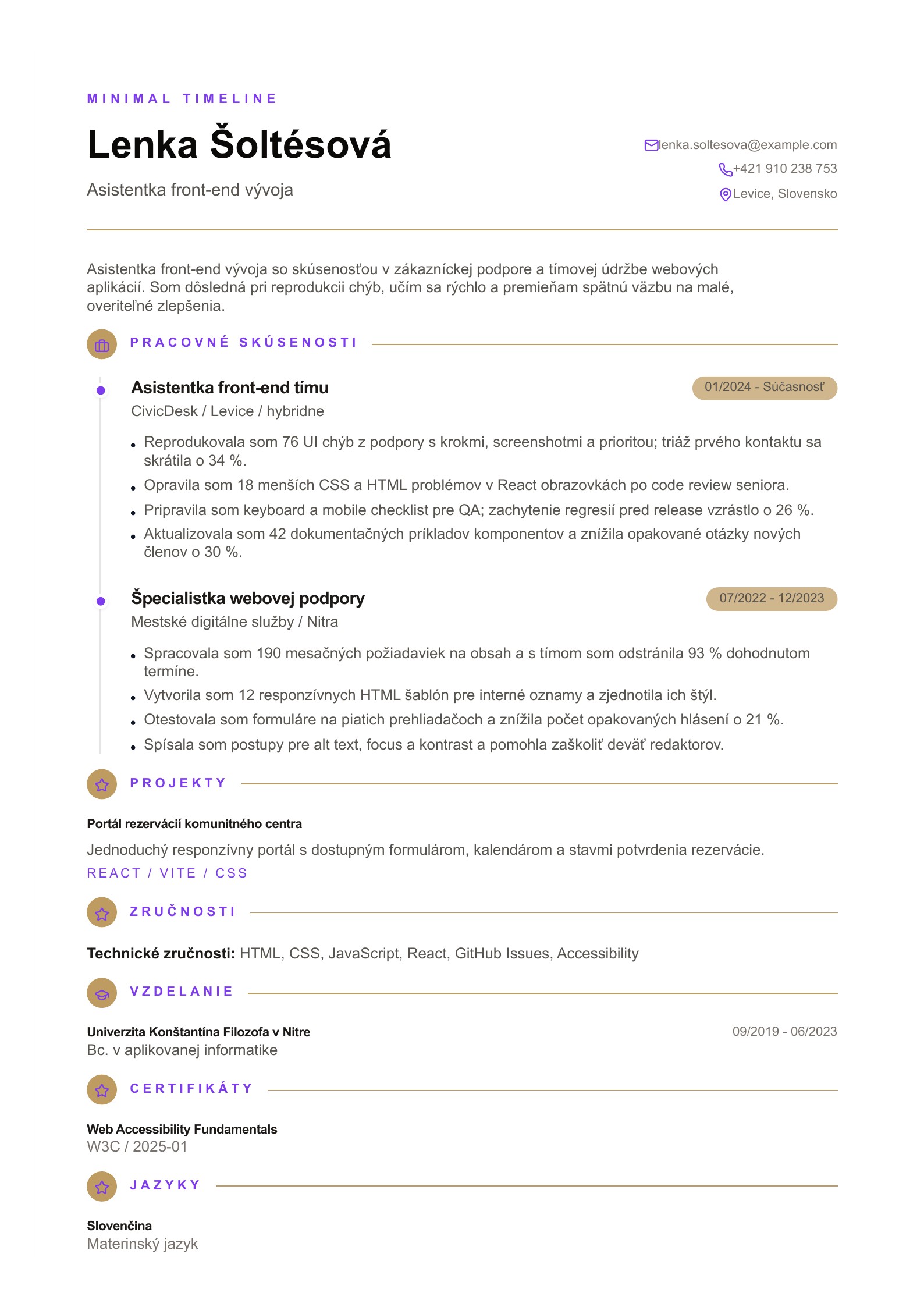 Životopis asistenta front-end vývoja - slovenský príklad