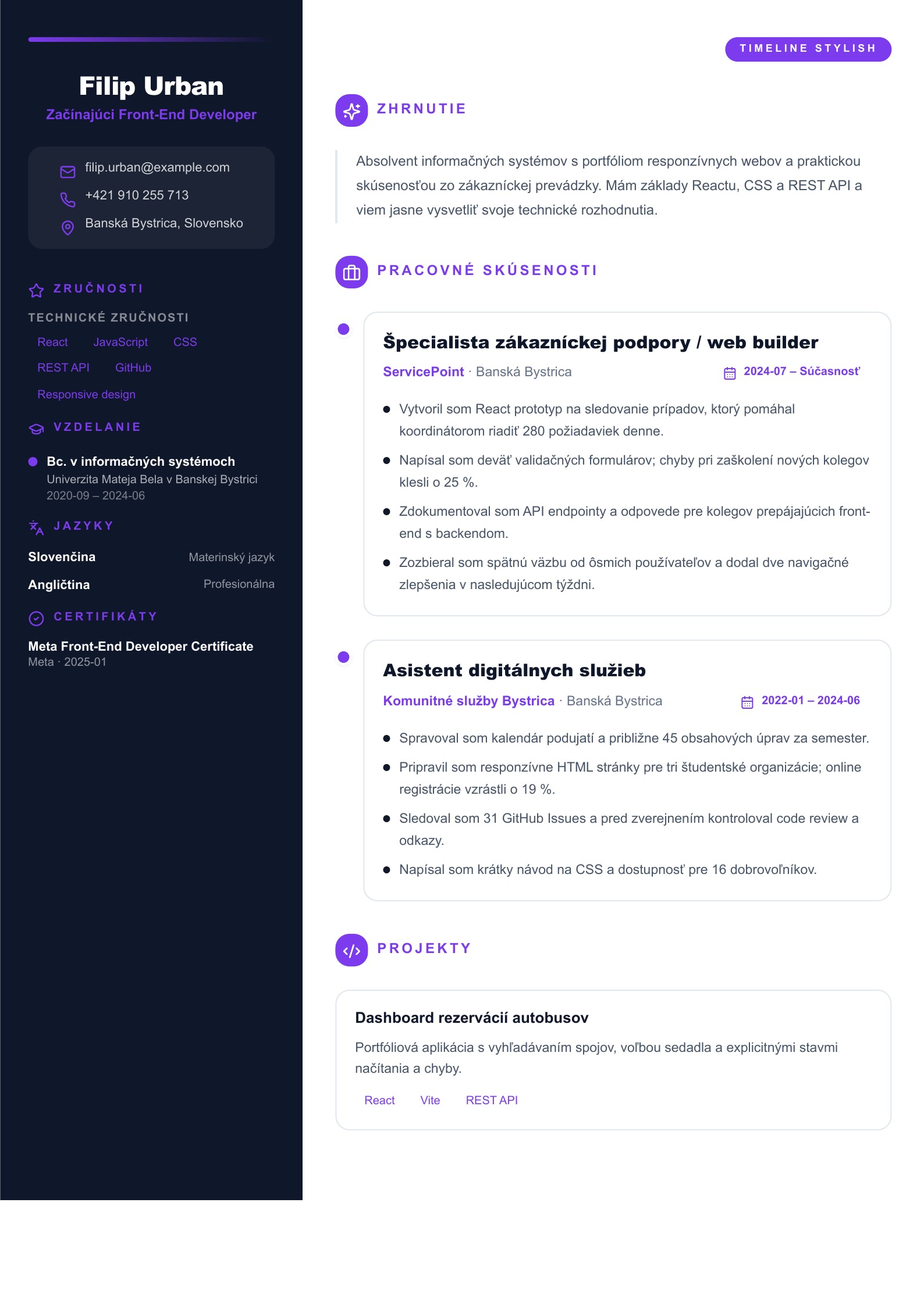 Životopis začínajúceho front-end developera - slovenský príklad