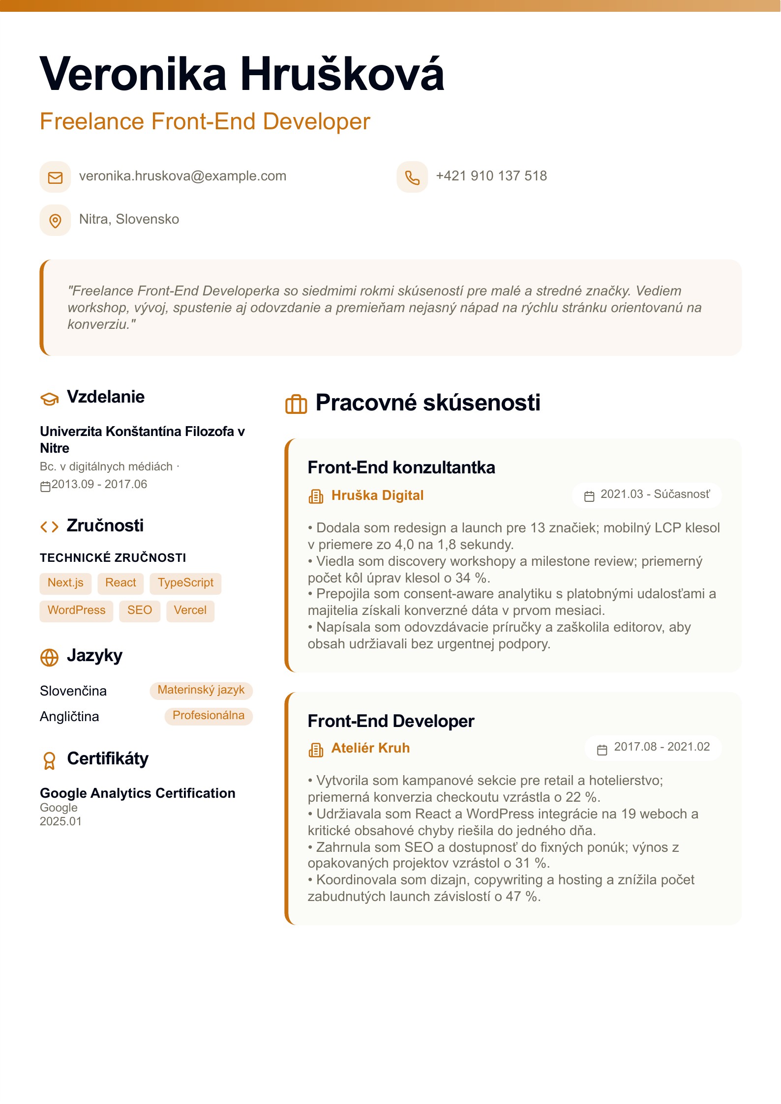 Životopis freelance front-end developera - slovenský príklad