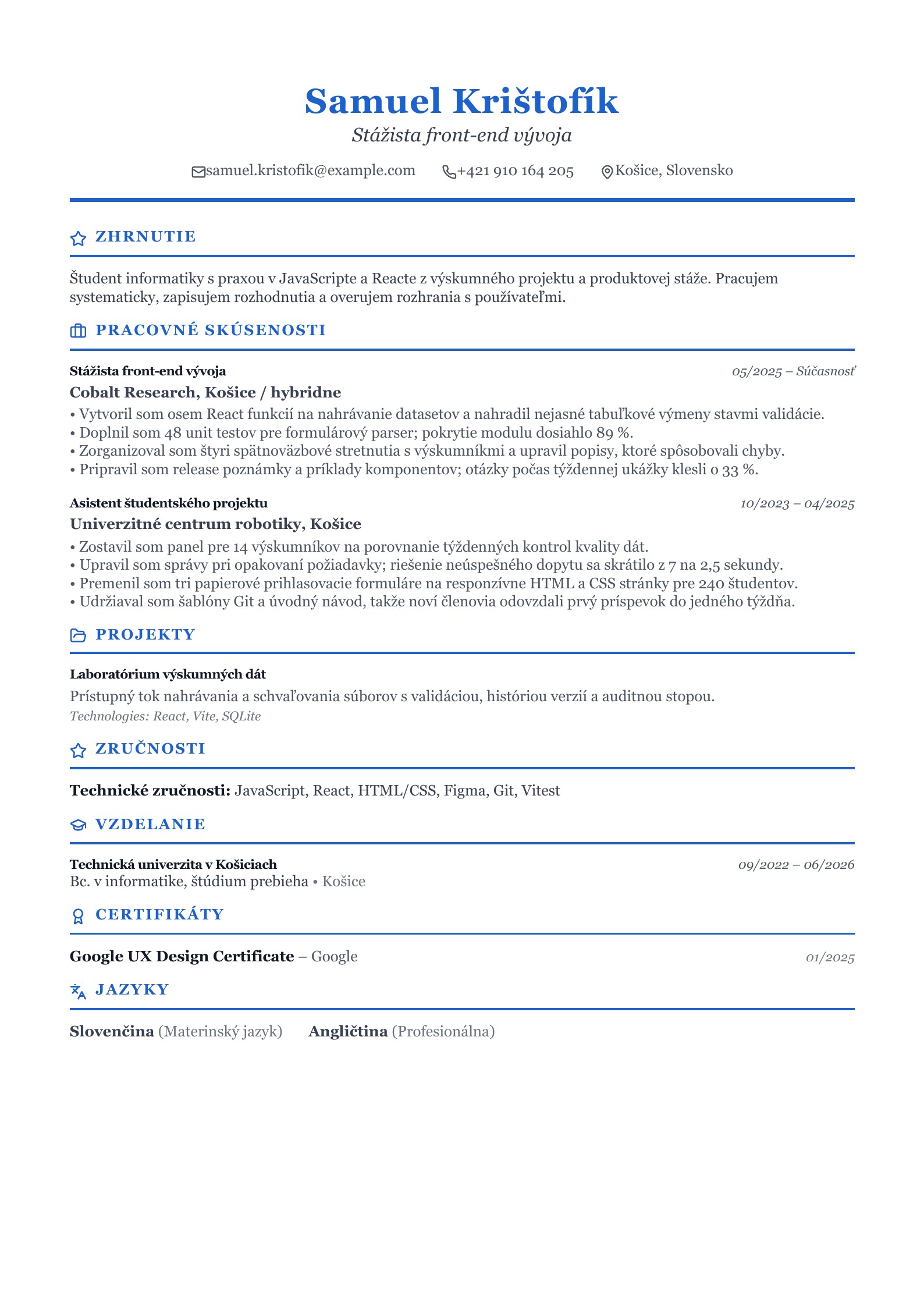 Životopis stážistu front-end vývoja - slovenský príklad