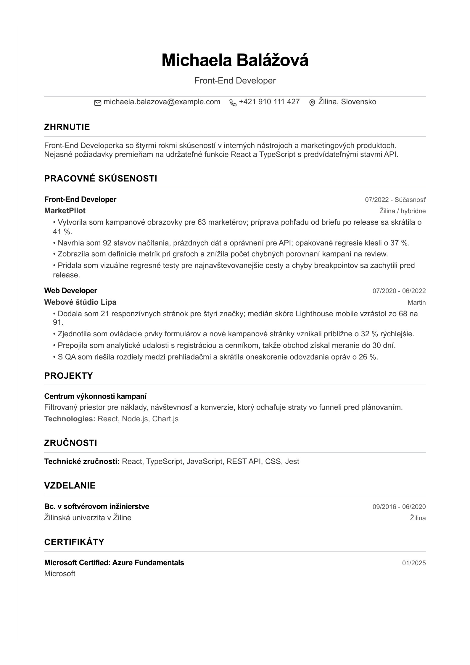 Životopis front-end developera - slovenský príklad