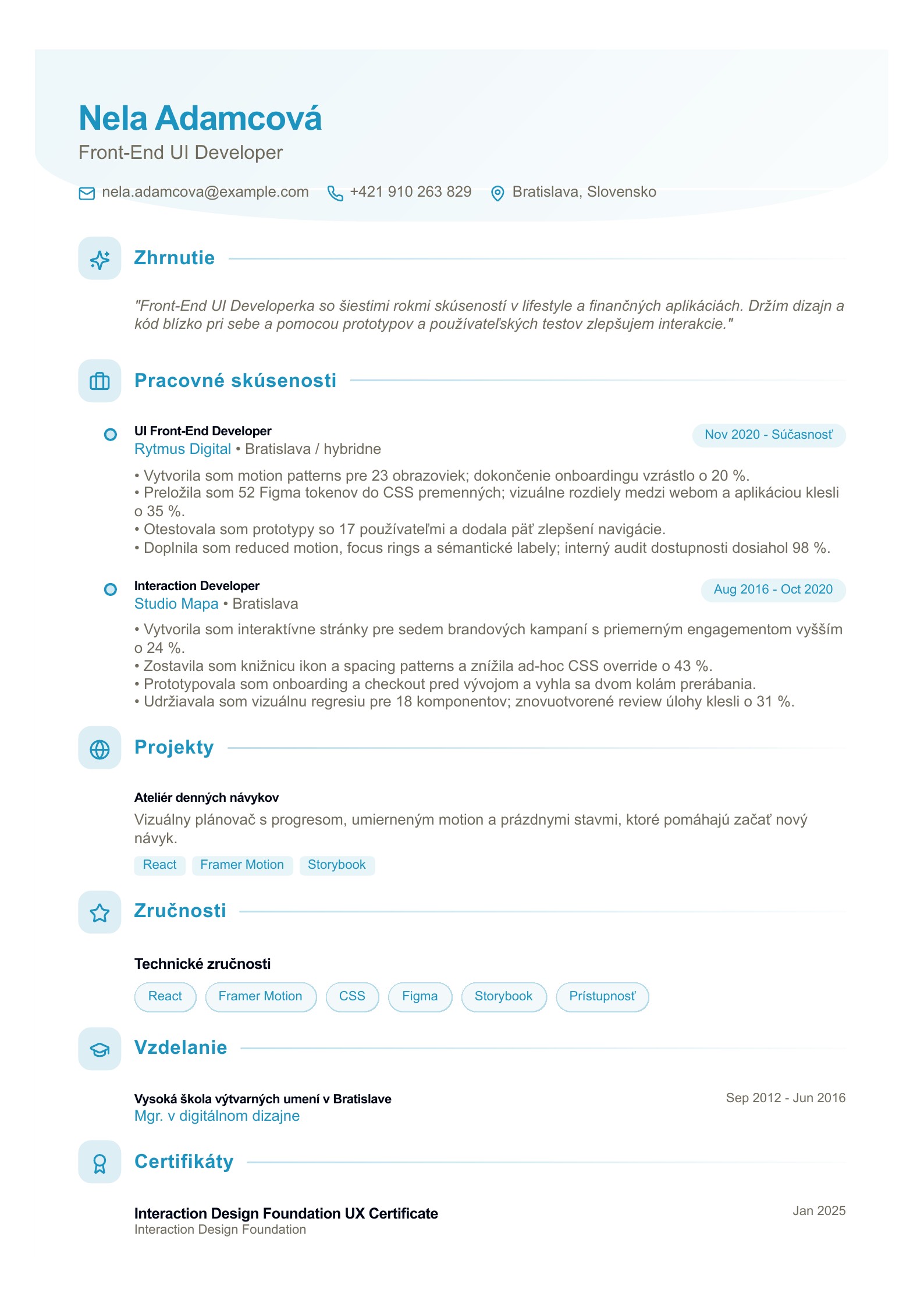 Životopis front-end UI developera - slovenský príklad