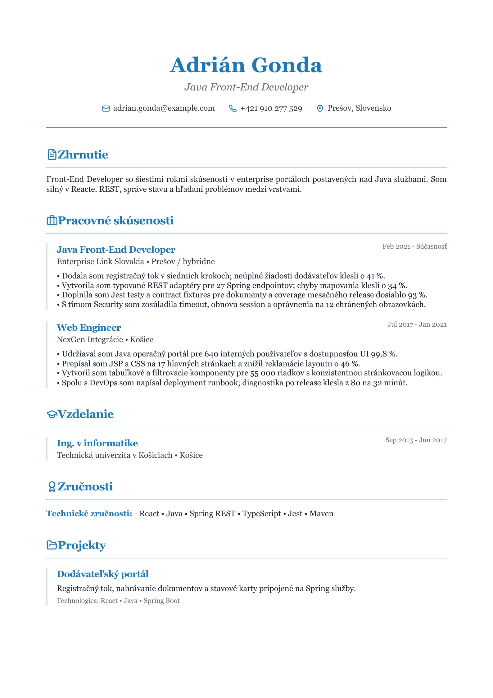 Životopis Java front-end developera - slovenský príklad