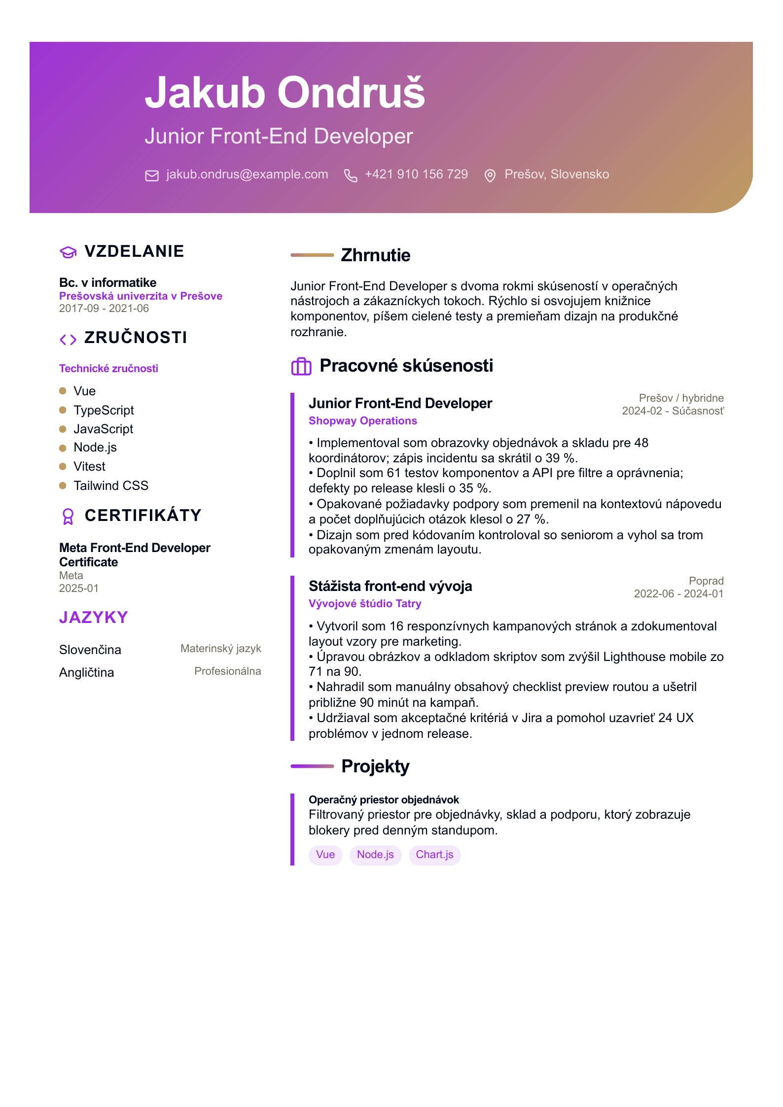 Životopis junior front-end developera - slovenský príklad