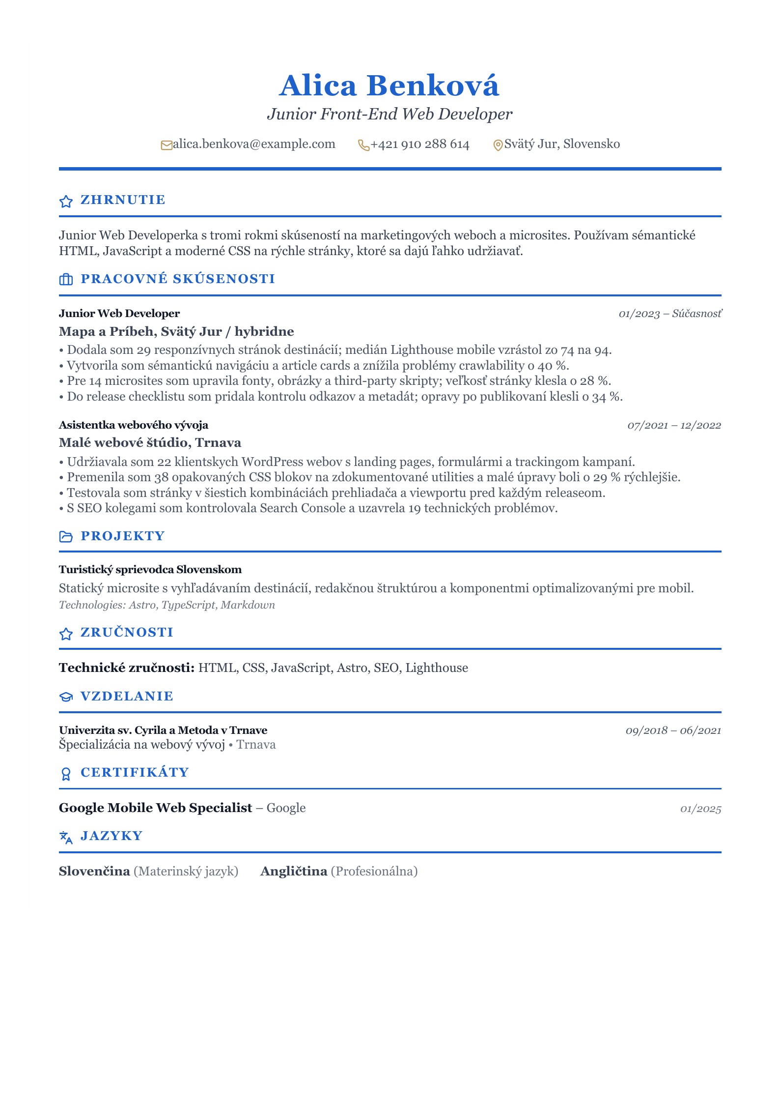 Životopis junior front-end web developera - slovenský príklad