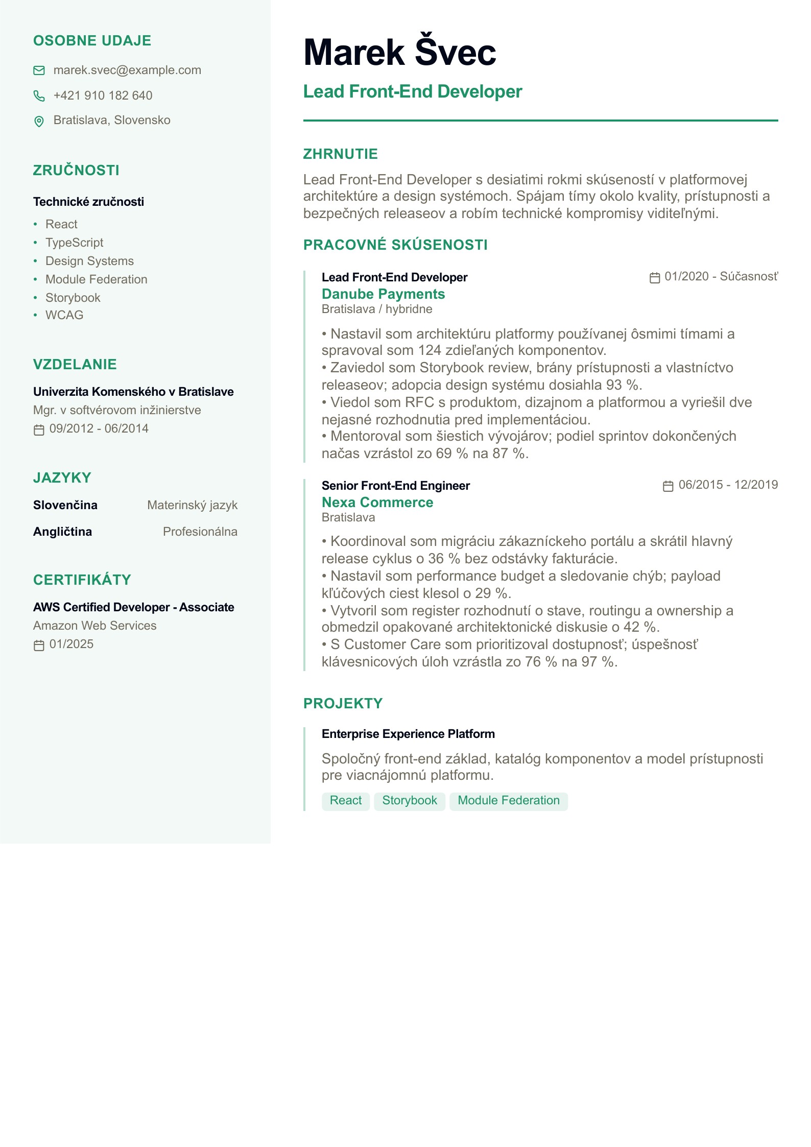 Životopis Lead front-end developera - slovenský príklad