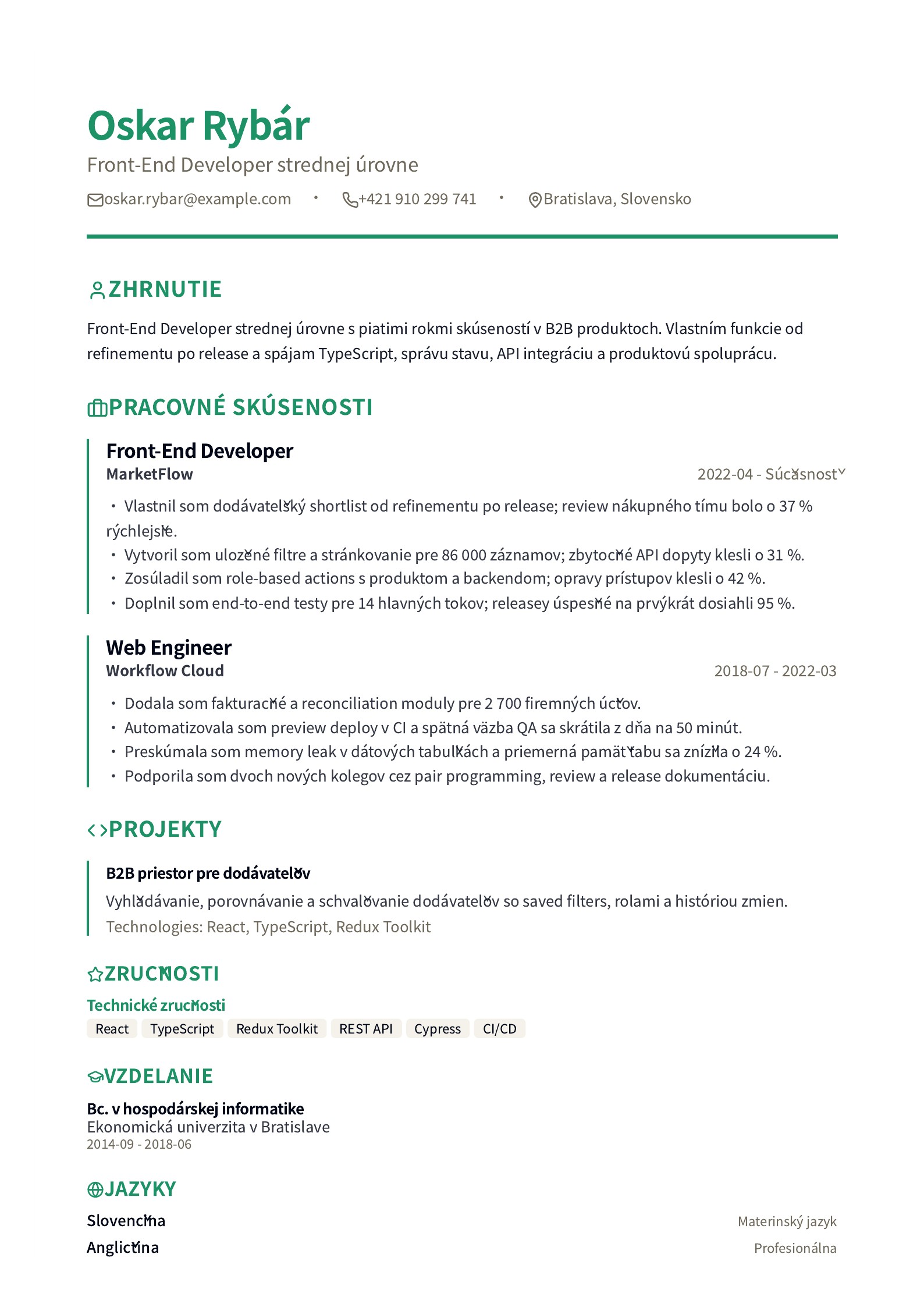 Životopis front-end developera strednej úrovne - slovenský príklad