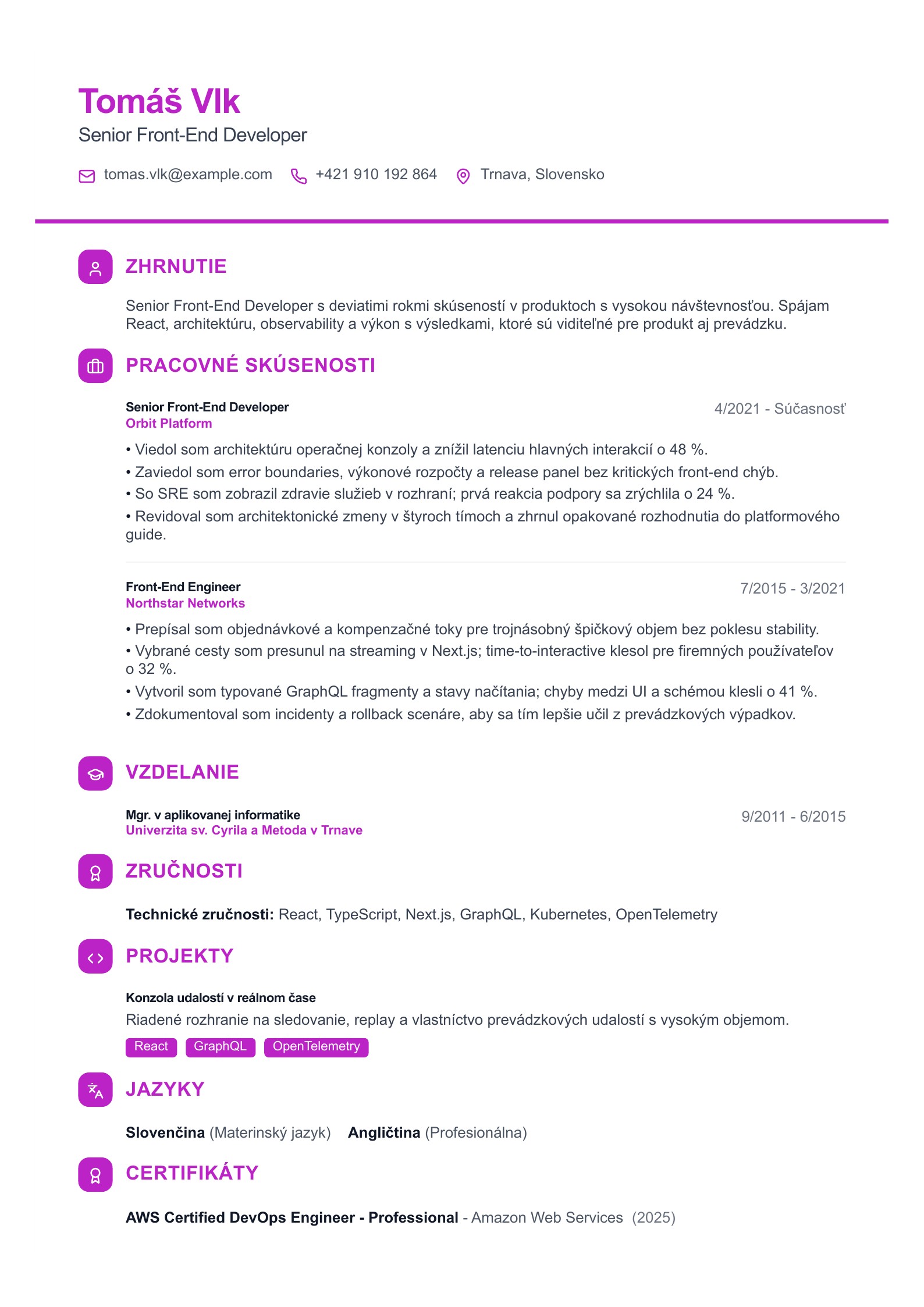 Životopis senior front-end developera - slovenský príklad