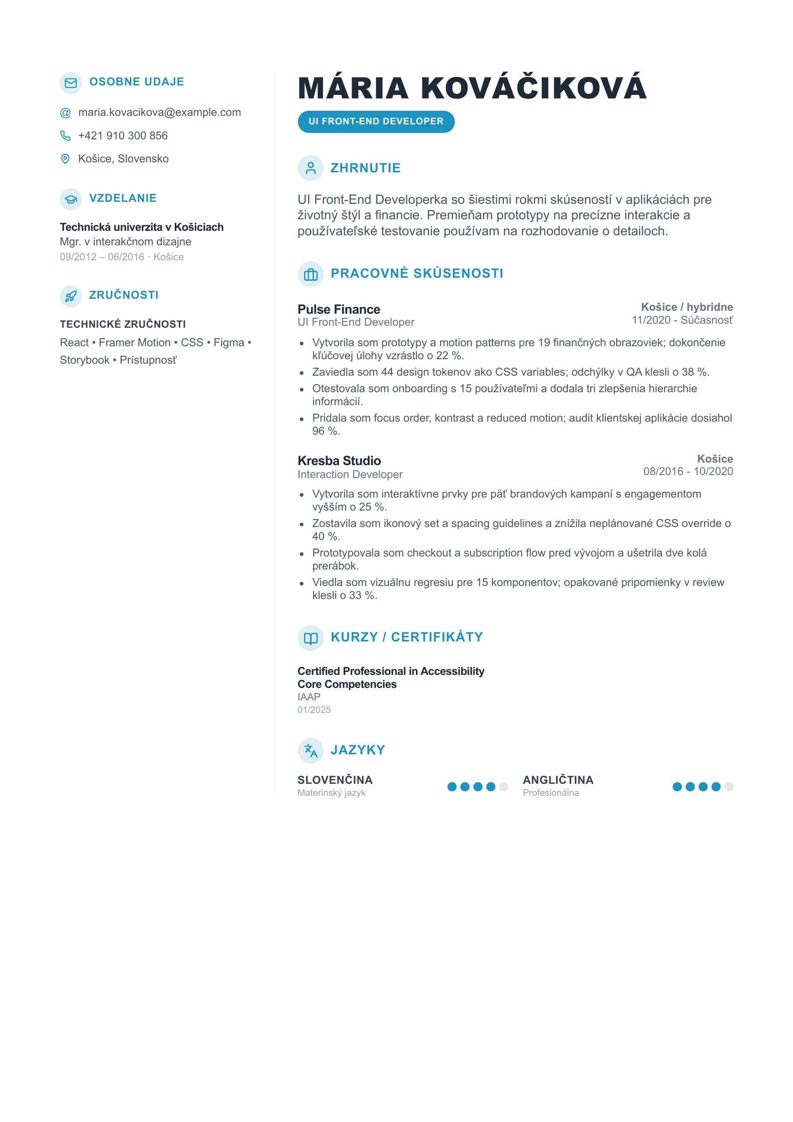 Životopis UI front-end developera - slovenský príklad